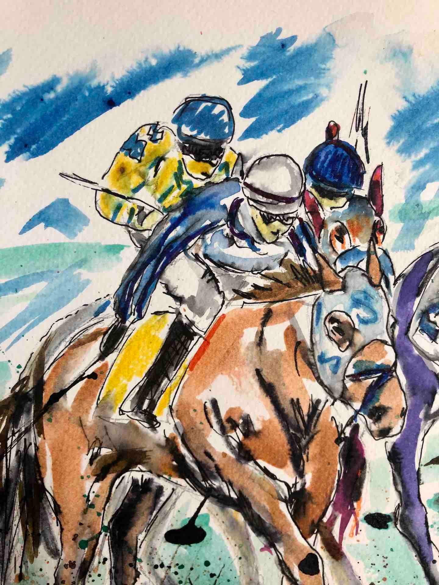 Garth Bayley, Anyone's Race, Original Horse Racing Painting, Contemporary Art For Sale 1