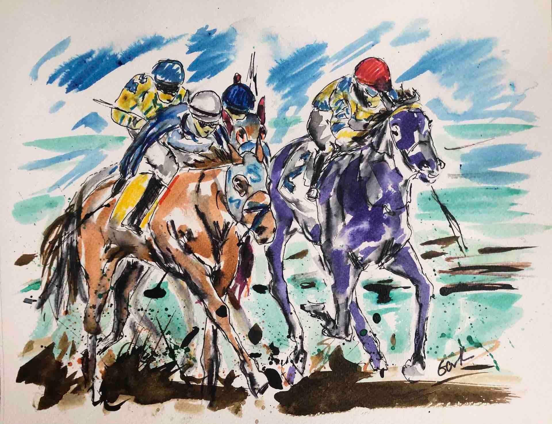 Garth Bayley, Anyone's Race, Original Horse Racing Painting, Contemporary Art