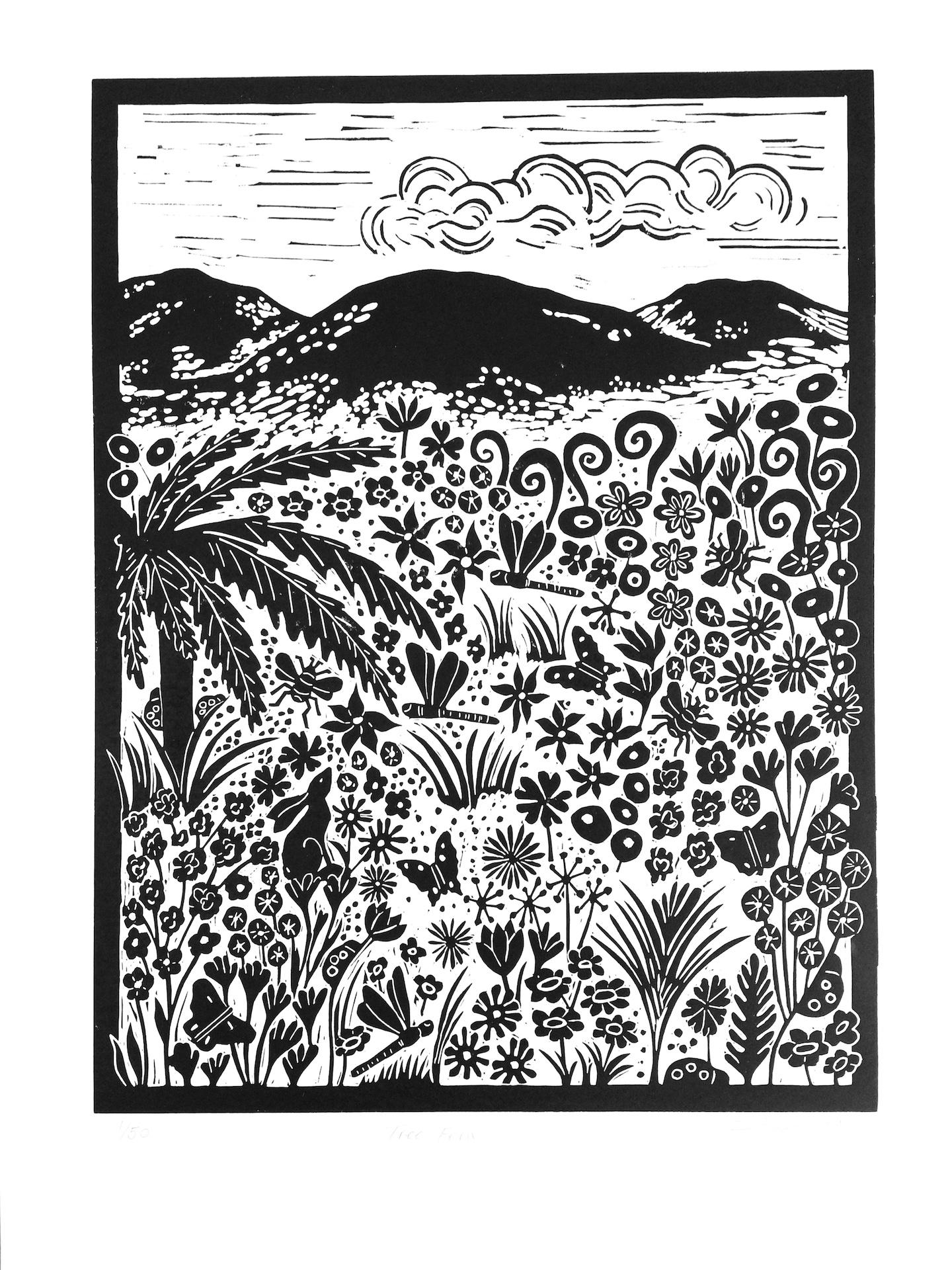 Scottish Landscape Tree Silhouette Original Limited Edition Lino Print Linocut Art