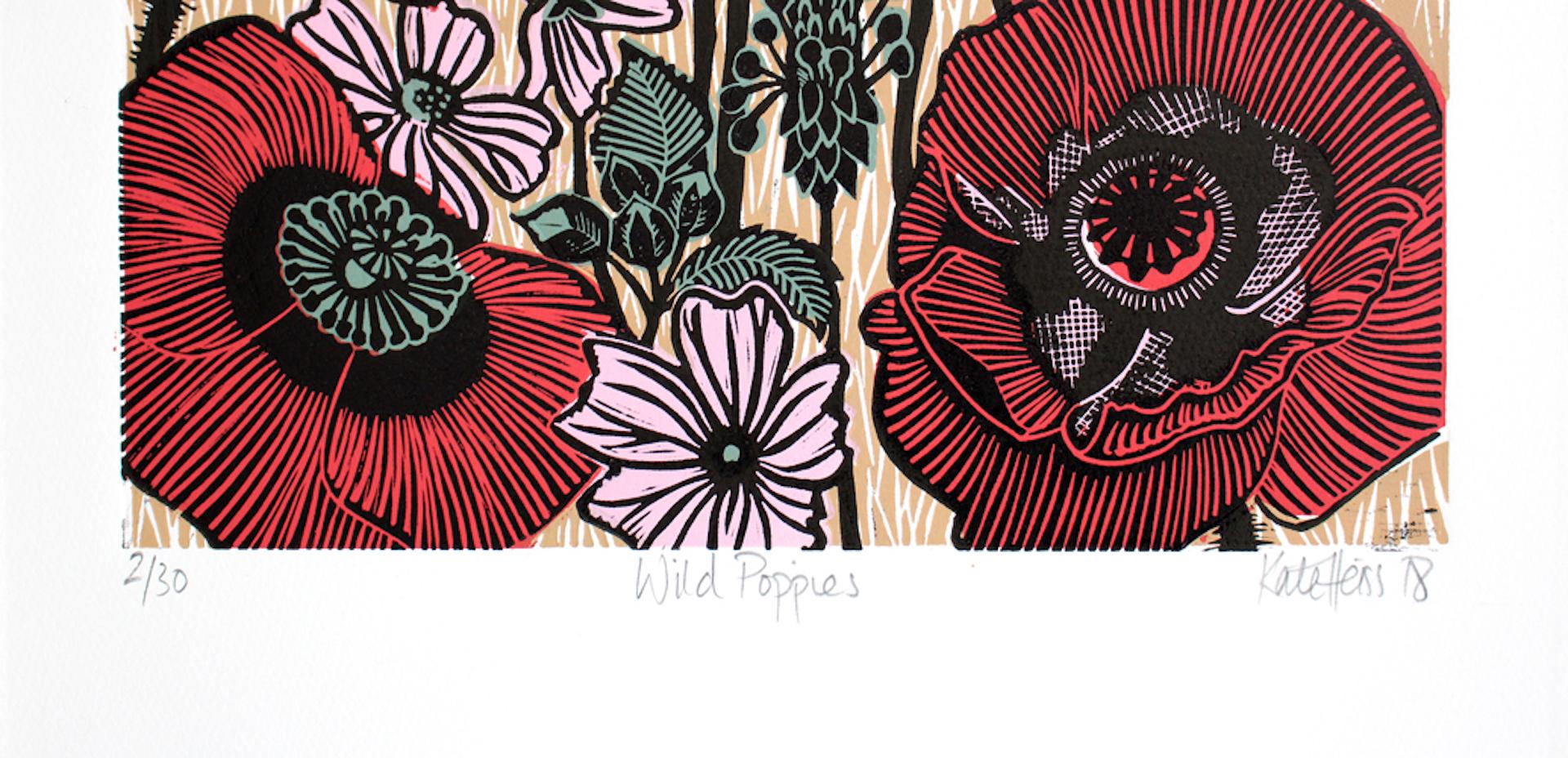 Kate Heiss
Limited Edition Linocut.
This limited edition print features wild poppies dancing amongst the mallow and wayside flowers at the edge of a barley field. These poppies are a familiar sight along the wayside of the East Anglian countryside.