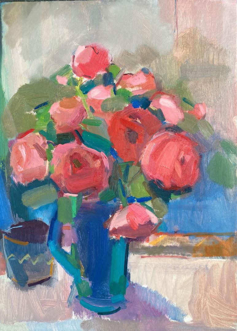 Rosie Copeland, Roses rouges, Cruche bleue, peinture de nature morte originale, 