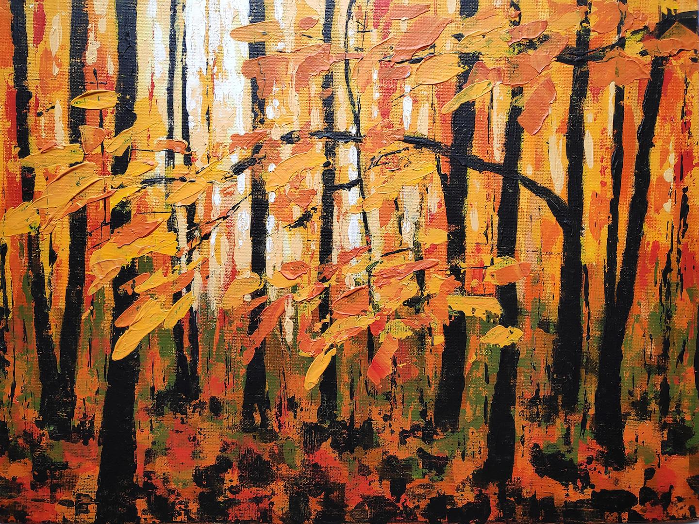 Alexandra Buckle
Autumn Woodland Sight
Acrylic painting on canvas board
Sold unframed
Painting size: 30 cm x 40 cm x 0.5 cm

Autumn Woodland Sight is an acrylic landscape painting by Alexandra Buckle, inspired by an imaginary woodland scene of light