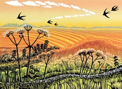 Rob Barnes, Swallows Returning, Limited Edition Linocut Print, Landscape Art