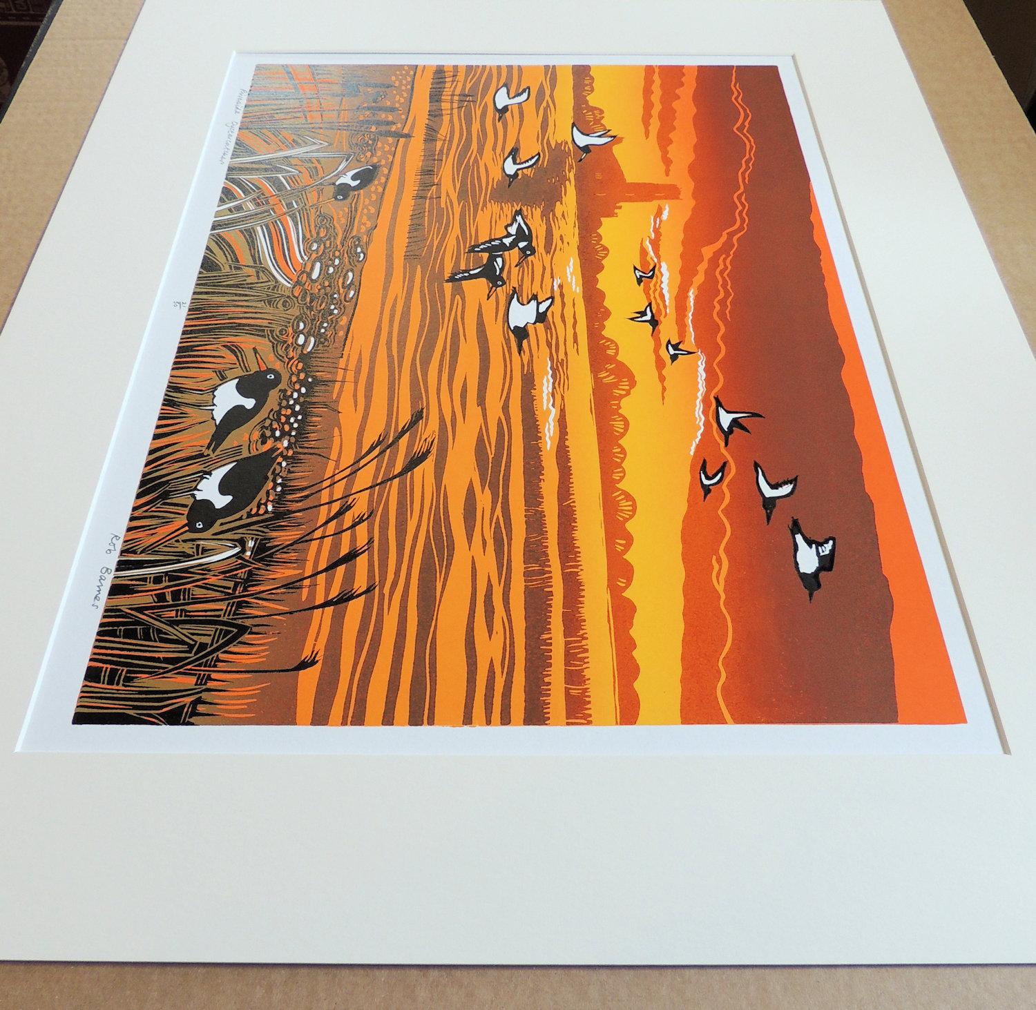 Rob Barnes
Riverside Oystercatchers
Limited Edition Linocut Print
Edition of 50
Image Size H 44cm x W 33cm
Sheet Size H 49cm x W 61cm
Sold Unframed mounted in Antique White mountboard
Free Shipping
Please note that in situ images are purely an