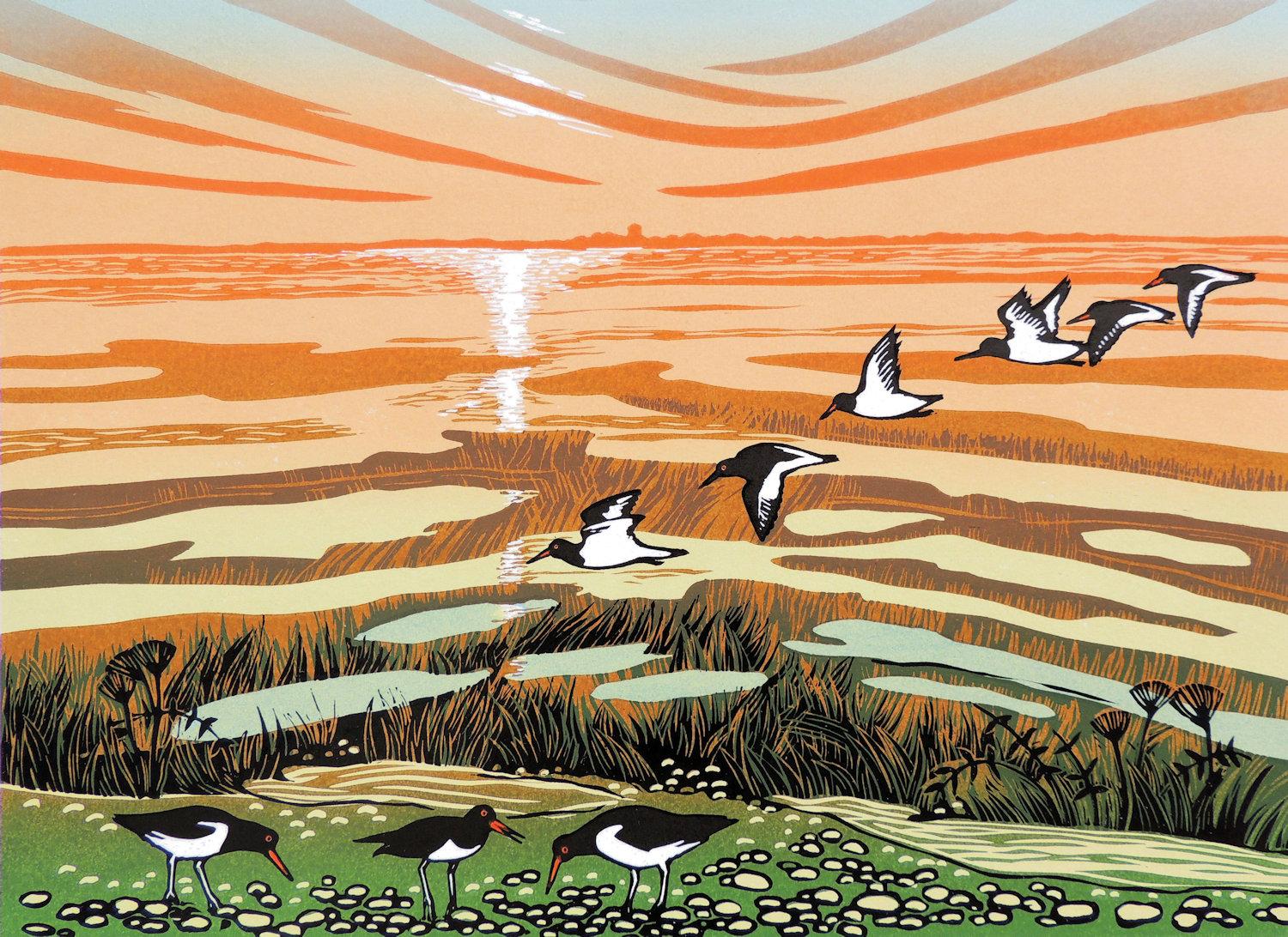 Rob Barnes Animal Print – Saltmarsh at Low Tide, Limitierte Auflage Linocut-Druck, preiswerte Kunst