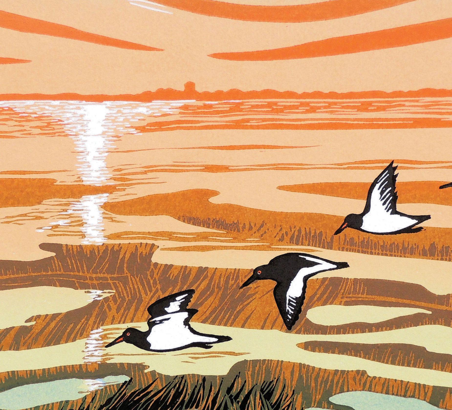 Rob Barnes, Saltmarsh at Low Tide, Limited Edition Linocut Print, Affordable Art For Sale 1