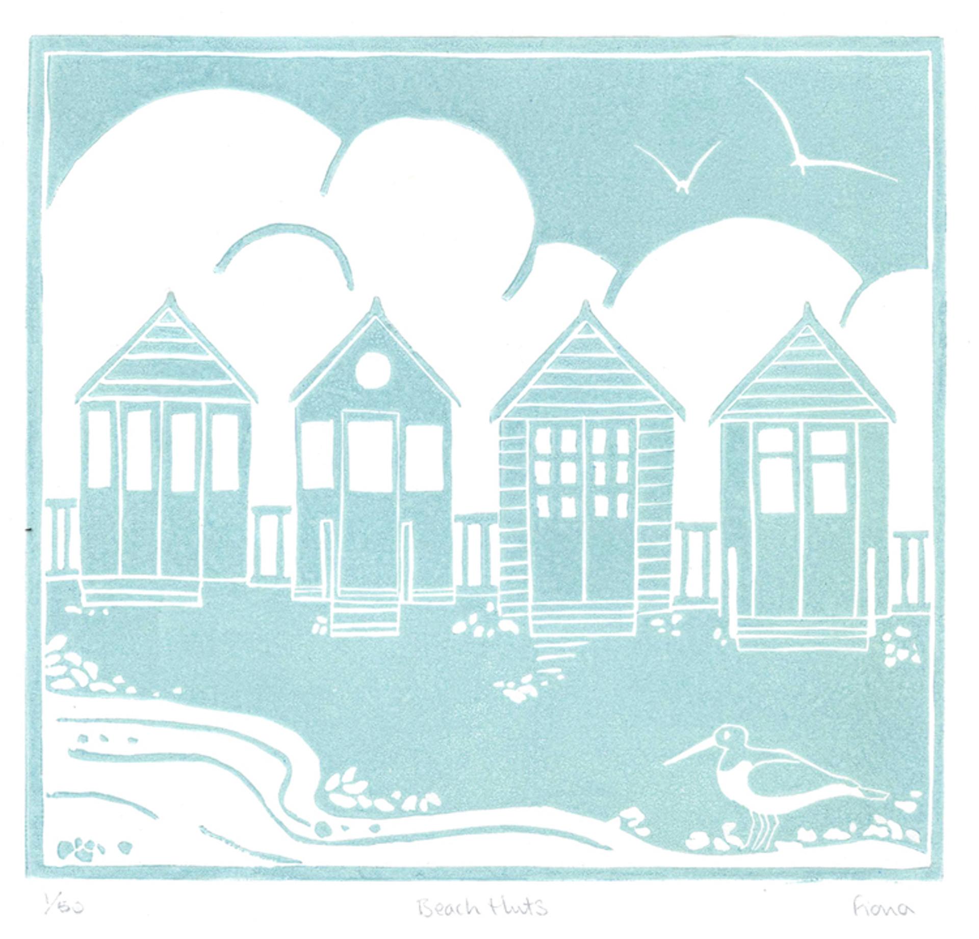Fiona Carver, Four Beach Huts, Limited Edition Linocut Print, Beach Art
