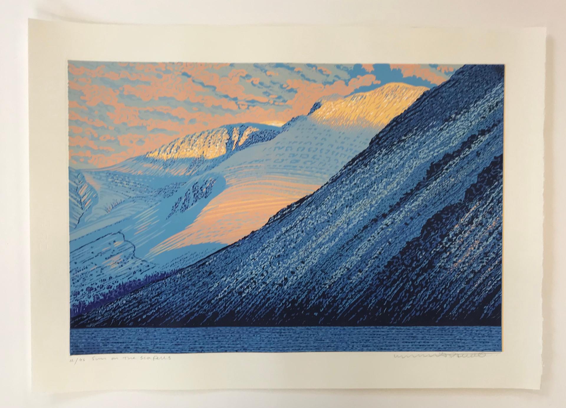 Mark Pearce Print - Mark  Pearce, Sun on the Scafells, Limited Edition Linoprint, Lake District Art