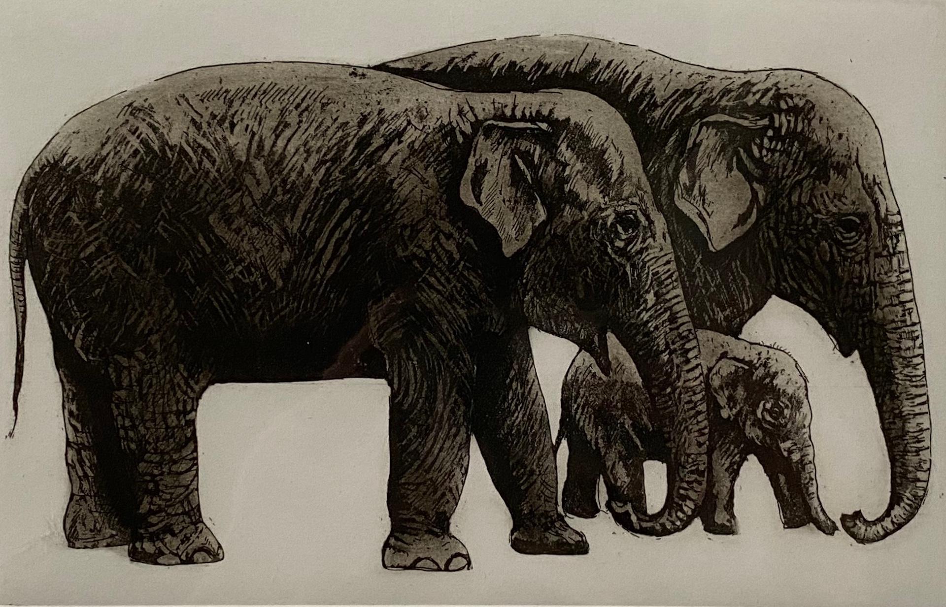 Jane Peart, Elefantenfamilie, Radierungsdruck in limitierter Auflage, Elefantenkunst