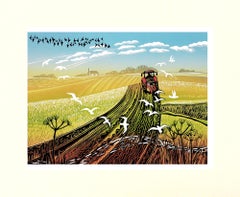 Landschaftskunst, Ploughing the Furrows, Limitierte Auflage, Linocut-Druck