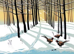 Rob Barnes, Woodland Pheasants, Œuvre d'art d'hiver, Paysage Art, Art faisan