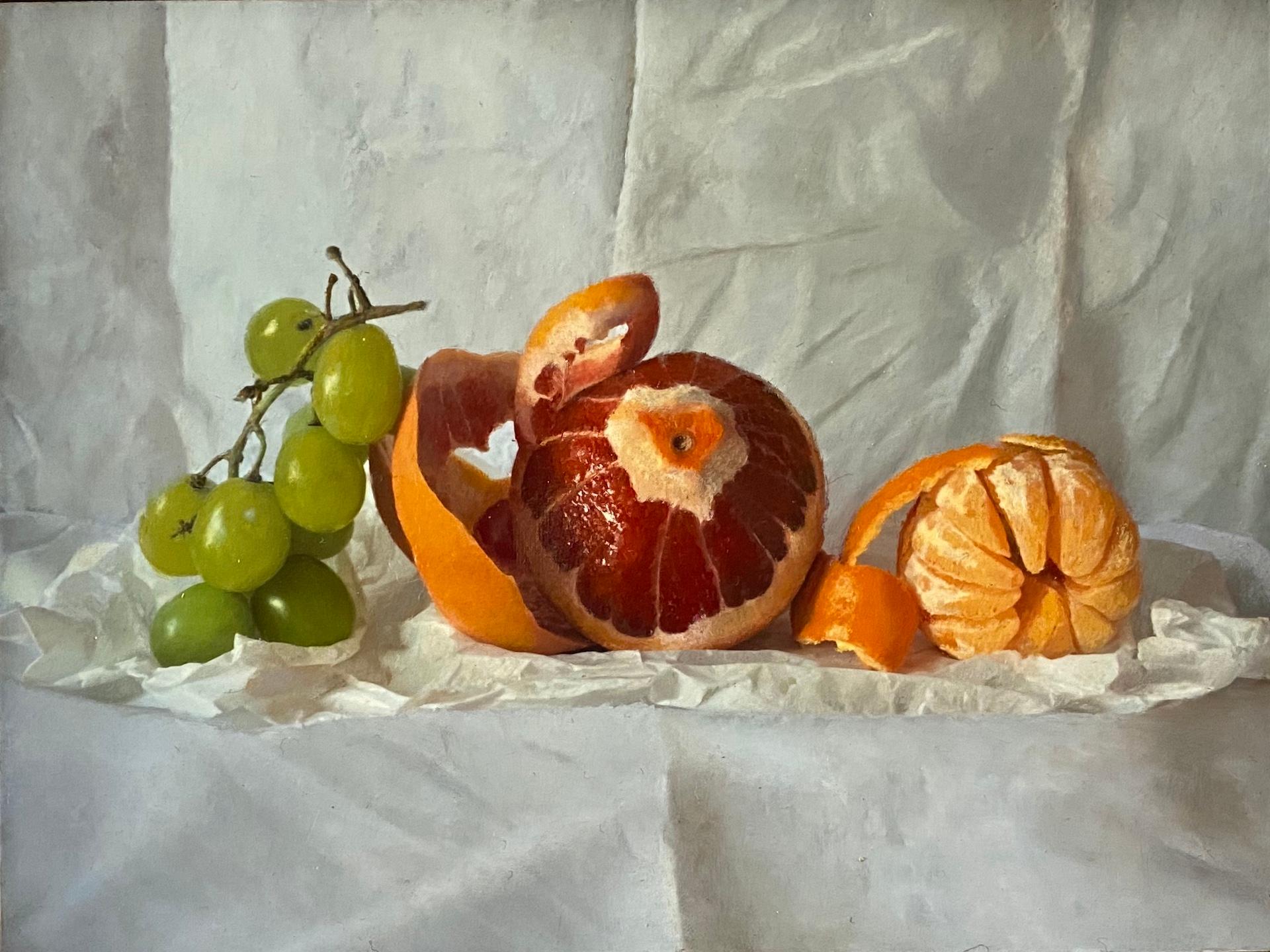 Kate Verrion
Grapes, Orange, and Satsuma
Original Still Life Painting
Oil Paint on Board
Image Size: H 15cm x W 20cm x D 2.5cm
Framed Size: H 21.5cm x W 26.5cm x D 5.5cm
Sold Framed in a Warm Grey Box Frame
(Please note that in situ images are