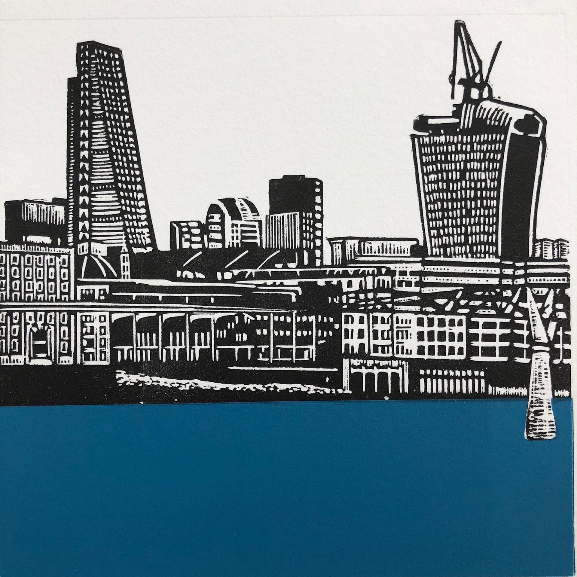 Jennifer Jokhoo, Riverbank SE1 (Petrol), London Art, Affordable Art, Cityscape For Sale 1