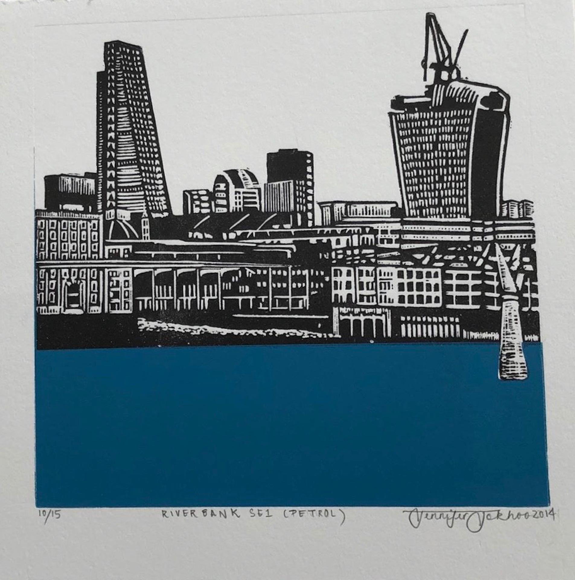 Jennifer Jokhoo, Riverbank SE1 (Petrol), London Art, Affordable Art, Cityscape For Sale 5
