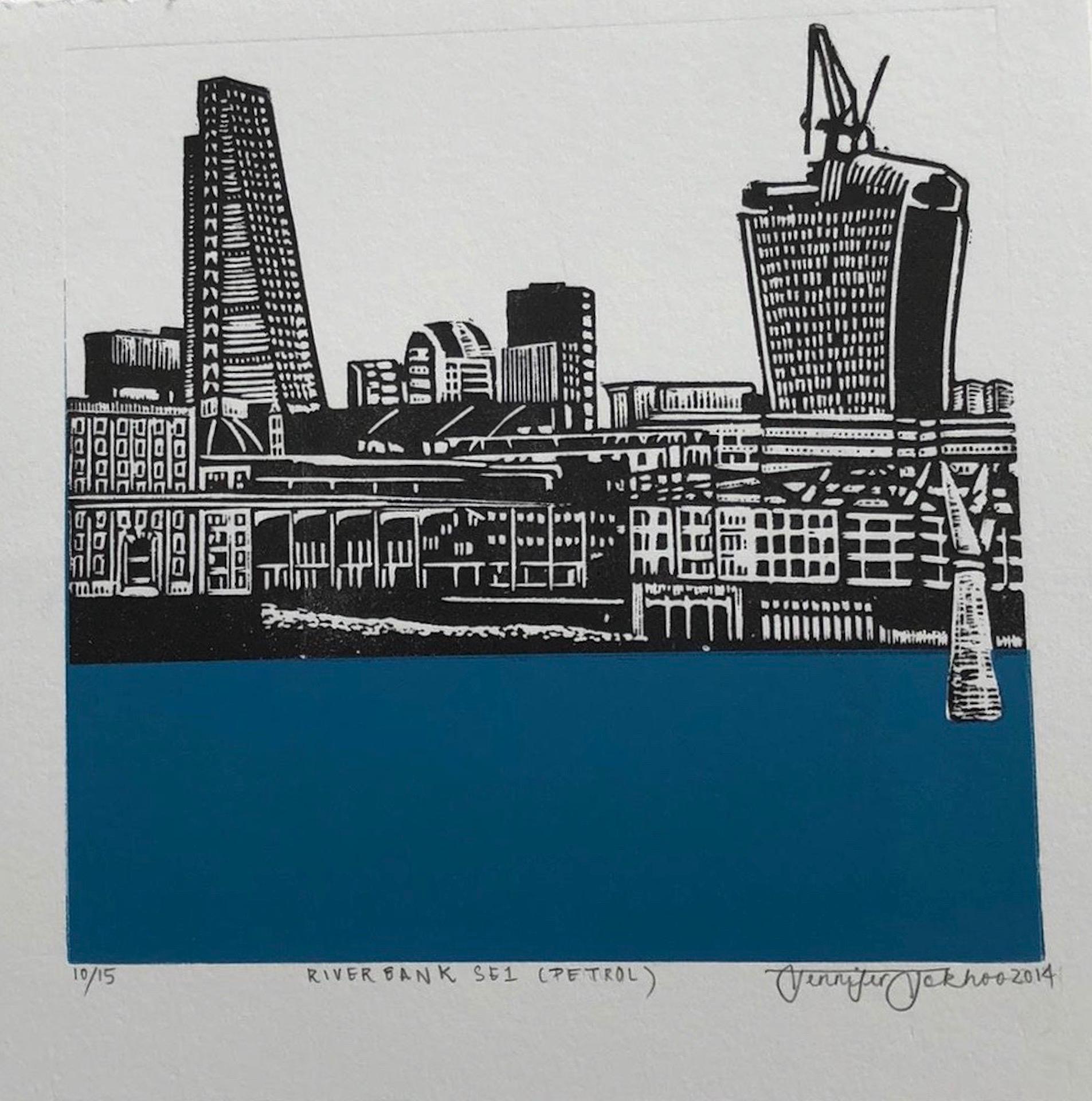 Jennifer Jokhoo, Riverbank SE1 (Petrol), Londoner Kunst, preiswerte Kunst, Stadtlandschaft im Angebot 5