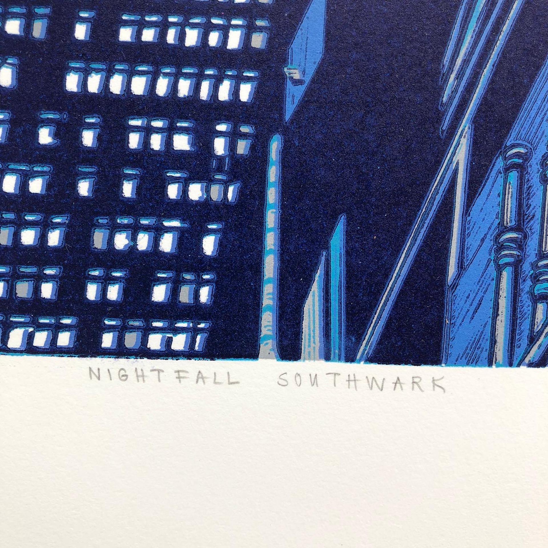 Jennifer Jokhoo, Nightfall Southwark, Linocut in edizione limitata, Londra Arte in vendita 3