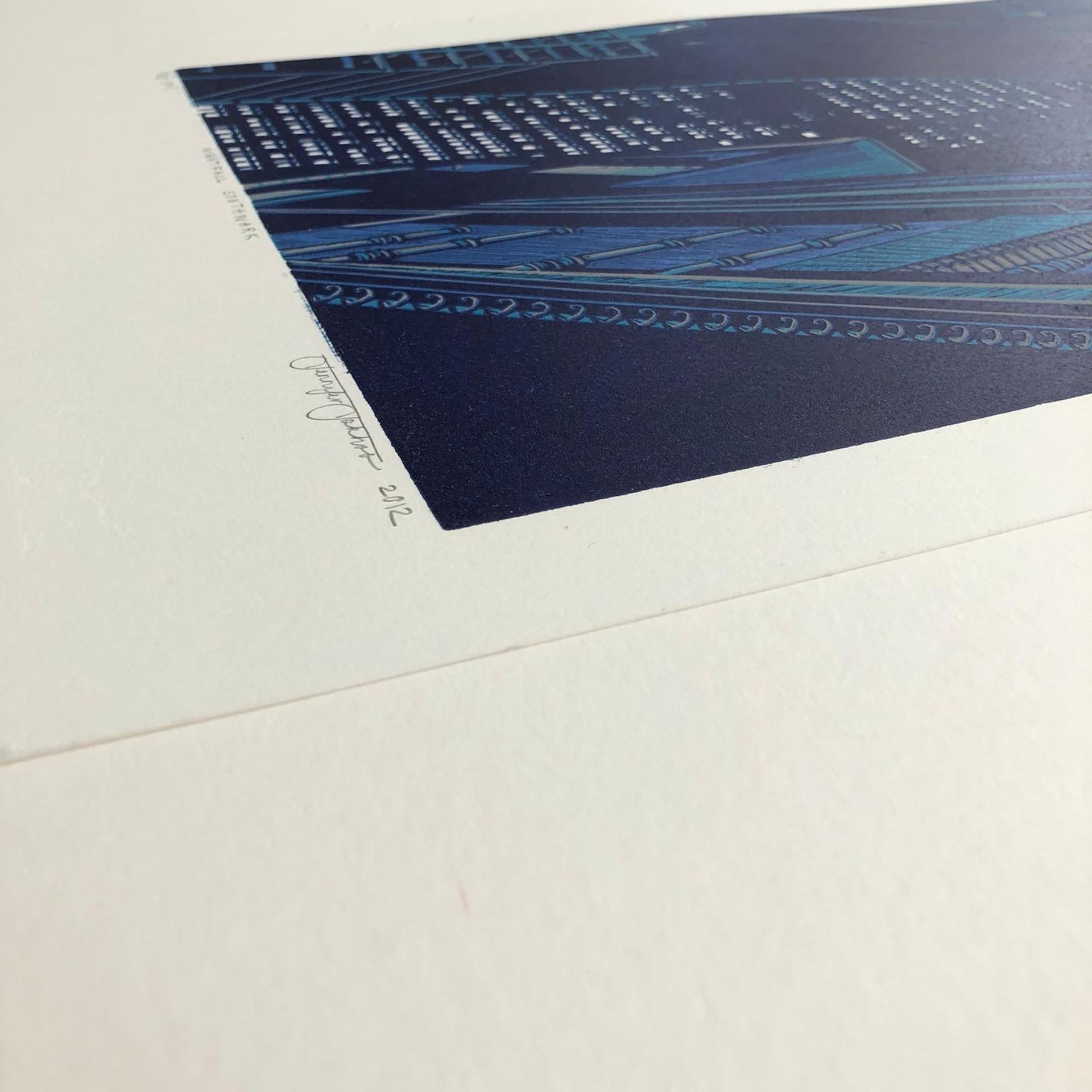 Jennifer Jokhoo, Nightfall Southwark, Linocut in edizione limitata, Londra Arte in vendita 7
