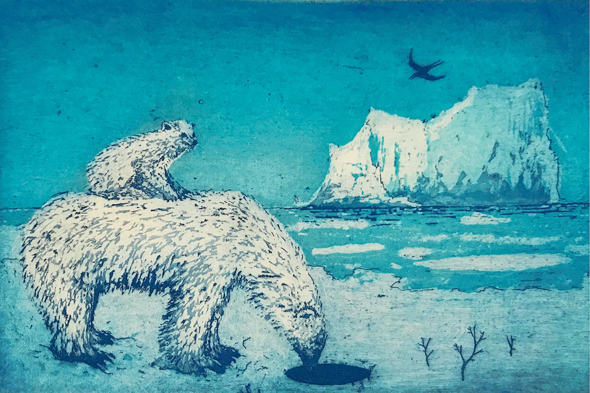 Tim Southall
A Hole in the Ice
Limited Edition Print
Size: H 10cm x W 15cm
Sold Unframed
(Please note that in situ images are purley an indication of how a piece may look).

‘A Hole in the Ice’ sees a polar bear peer curiously into an ice hole while