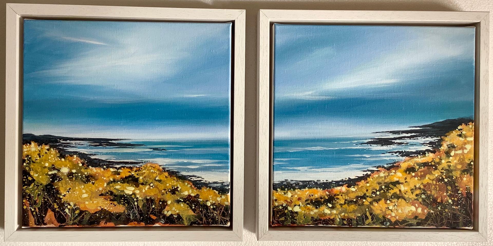 Adele Riley, Cornish Gorse Headland, Original Seascape Diptych Painting