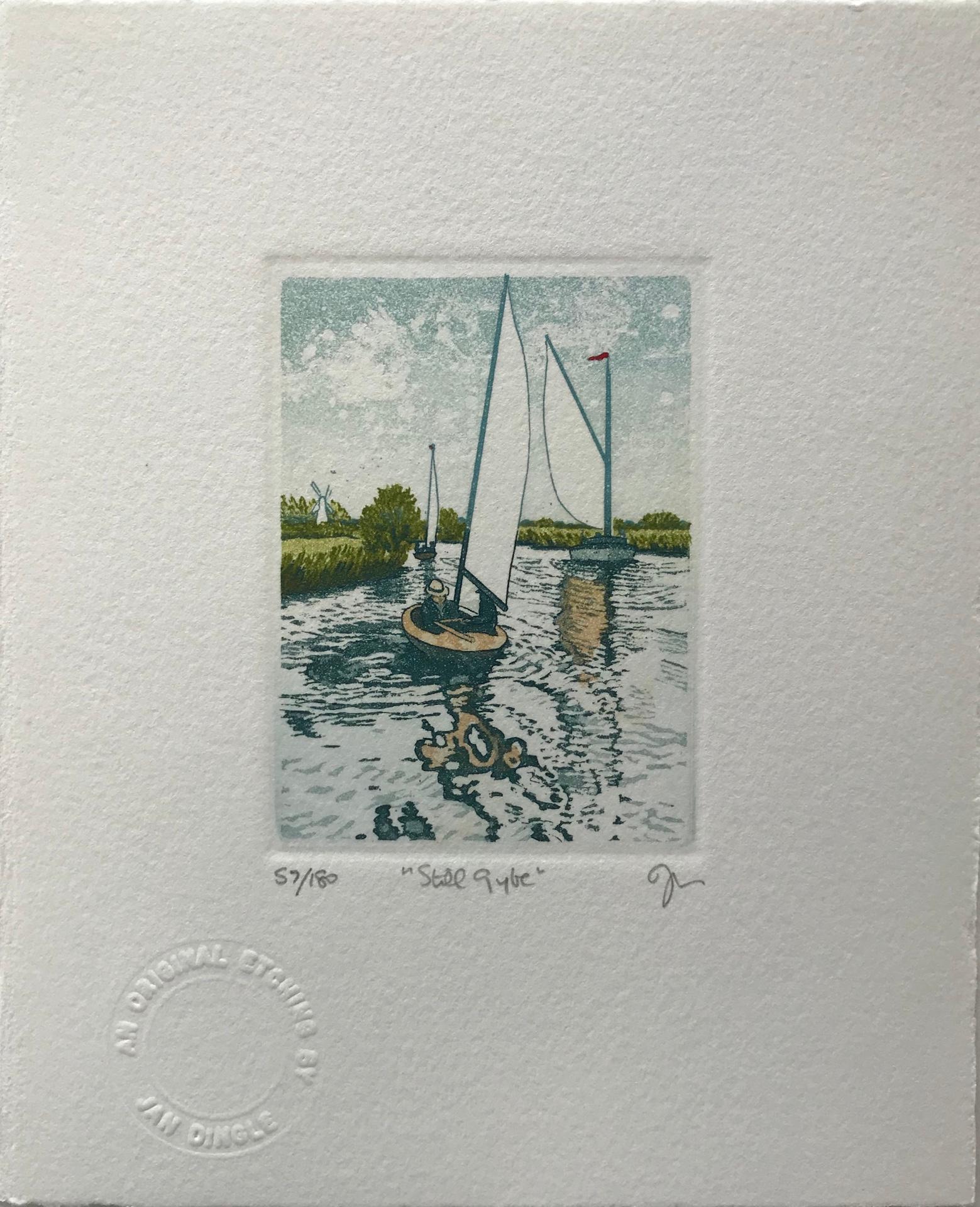 Jan Dingle
Still Gybe
Limited Edition Etching Print
Edition of 180
Image Size: H 8.5cm x W 6.5cm
Sheet Size: H 18.5cm x W 15.5cm
Signed and Numbered
Sold Unframed
Please note that any insitu images are purely an indication of how a piece may