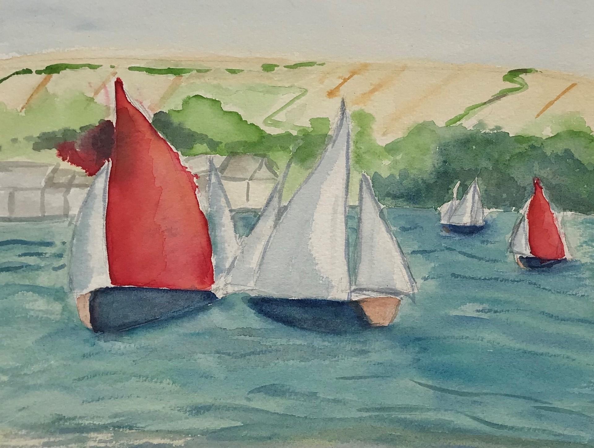 Peri Taylor
Course de yoles, Salcombe
Aquarelle et encre sur papier
Taille : H 39cm x L 49cm
Vendu sans cadre
(Veuillez noter que les images in situ sont purement indicatives de l'aspect d'une pièce).

Racing Yawls de Peri Taylor est une peinture