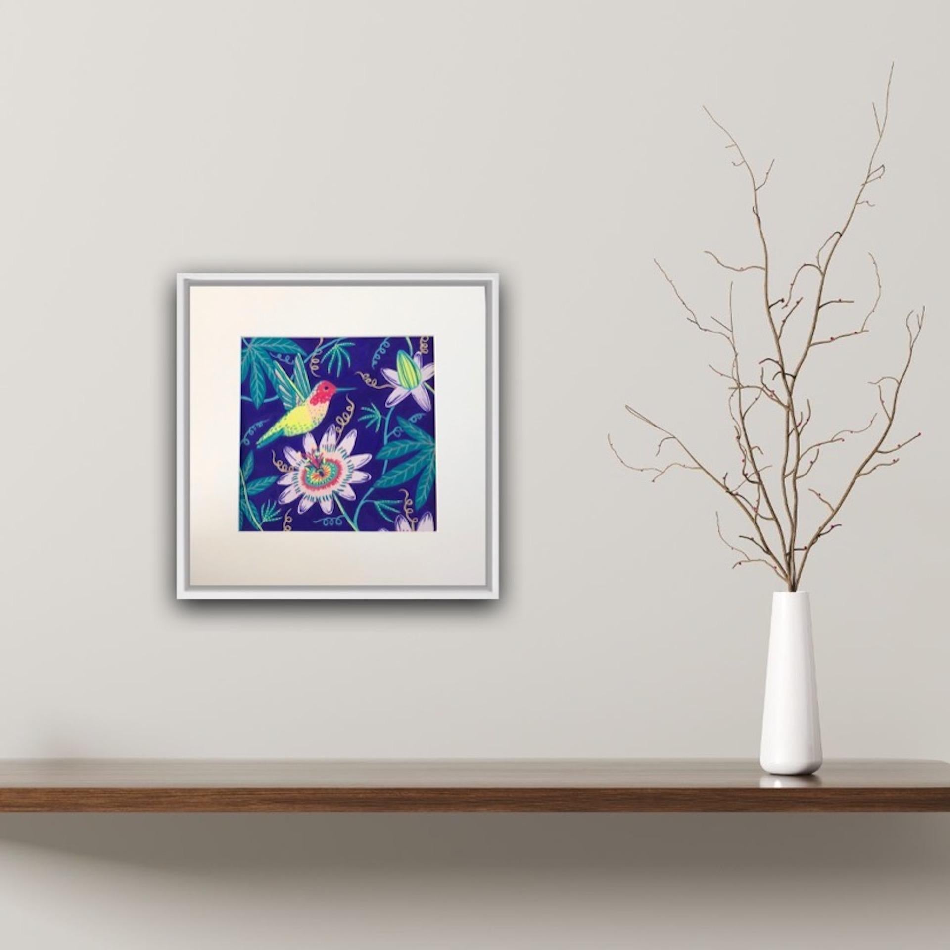 Jenny Evans, Hummingbird Over Passionflowers, Original Painting, Affordable Art For Sale 1