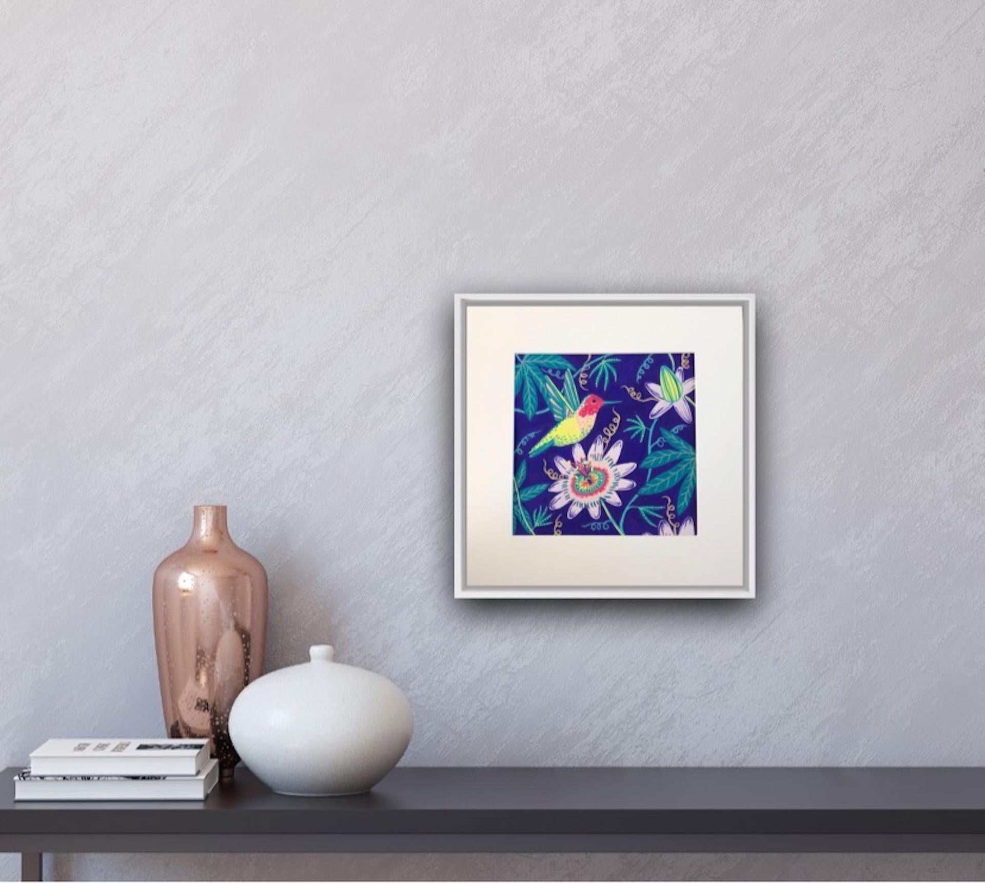 Jenny Evans, Hummingbird Over Passionflowers, peinture originale, art abordable en vente 5