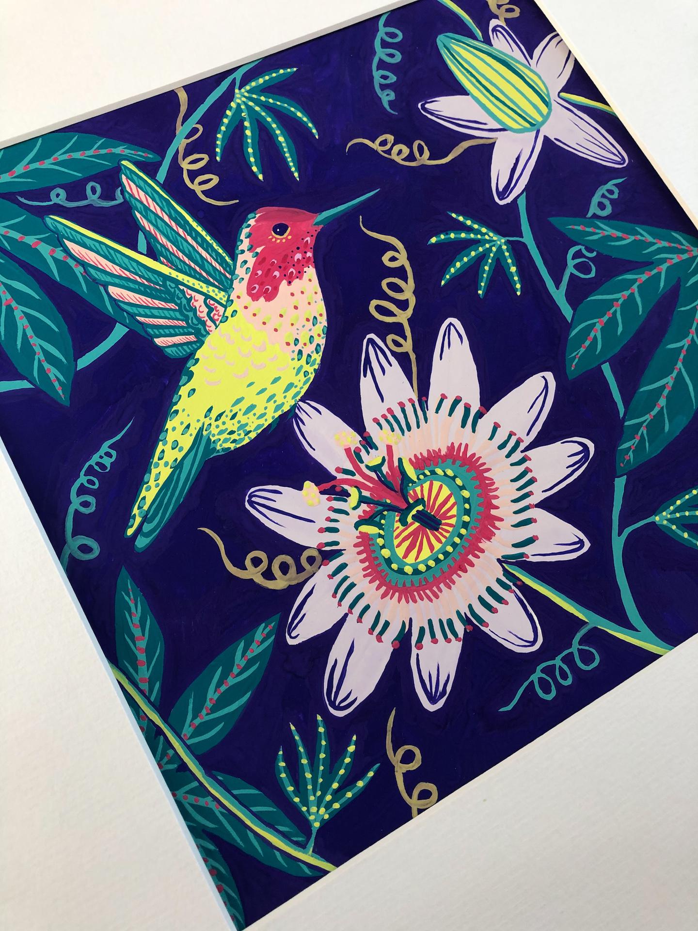 Jenny Evans, Hummingbird Over Passionflowers, peinture originale, art abordable en vente 2