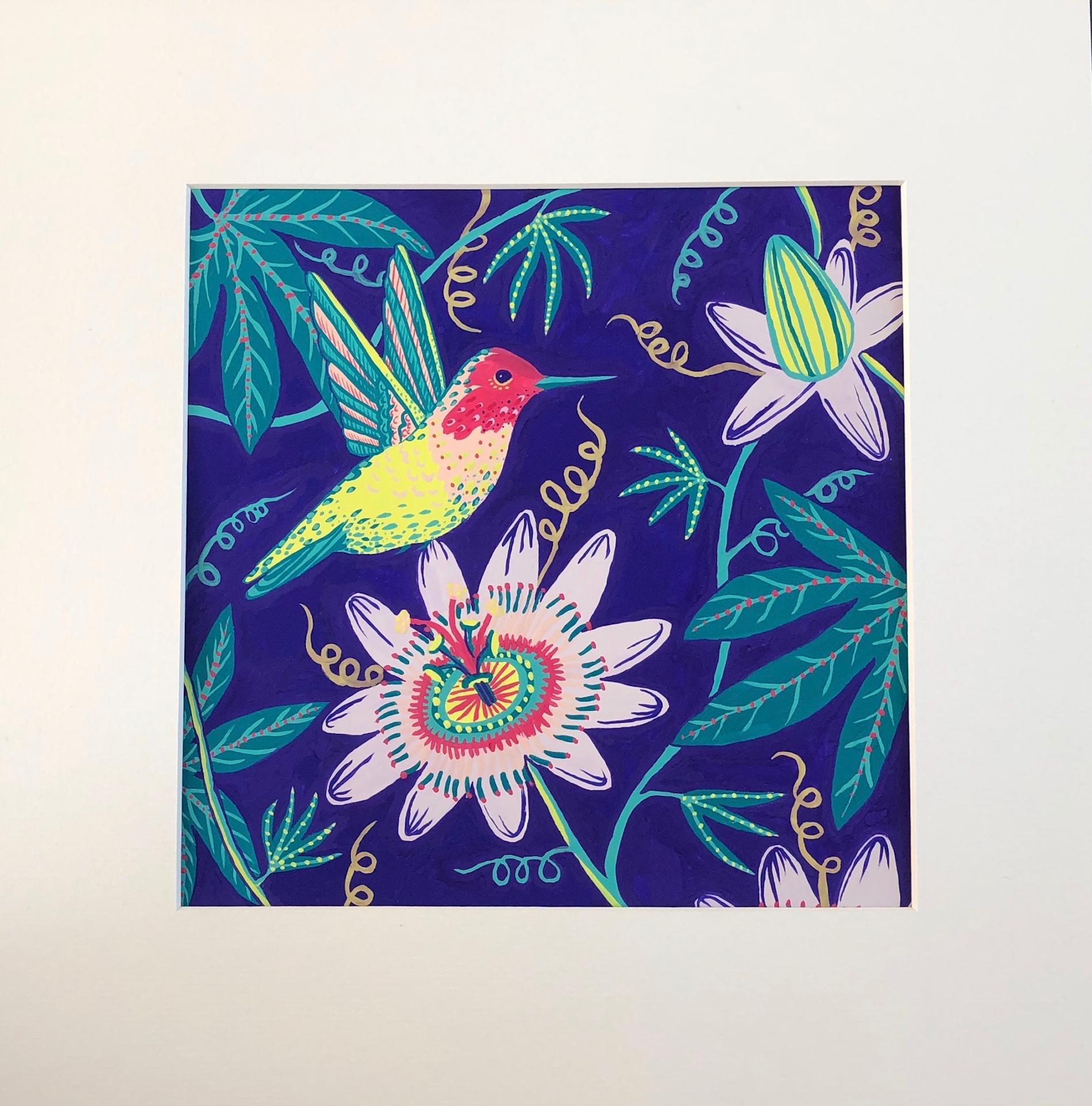 Jenny Evans, Hummingbird Over Passionflowers, peinture originale, art abordable en vente 1