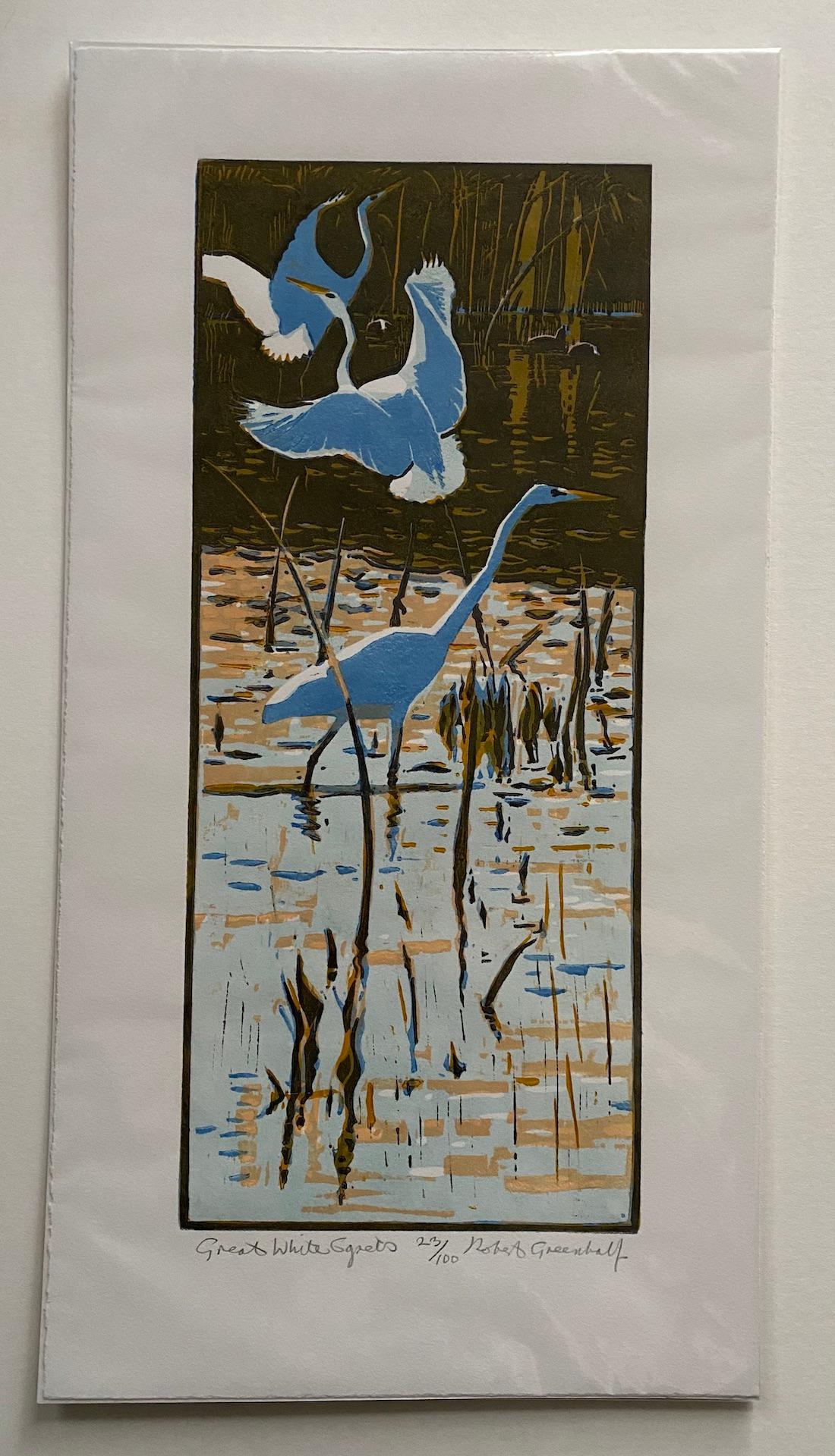 Robert Greenhalf, Große weiße Egrets, Druck in limitierter Auflage, erschwingliche Kunst im Angebot 1