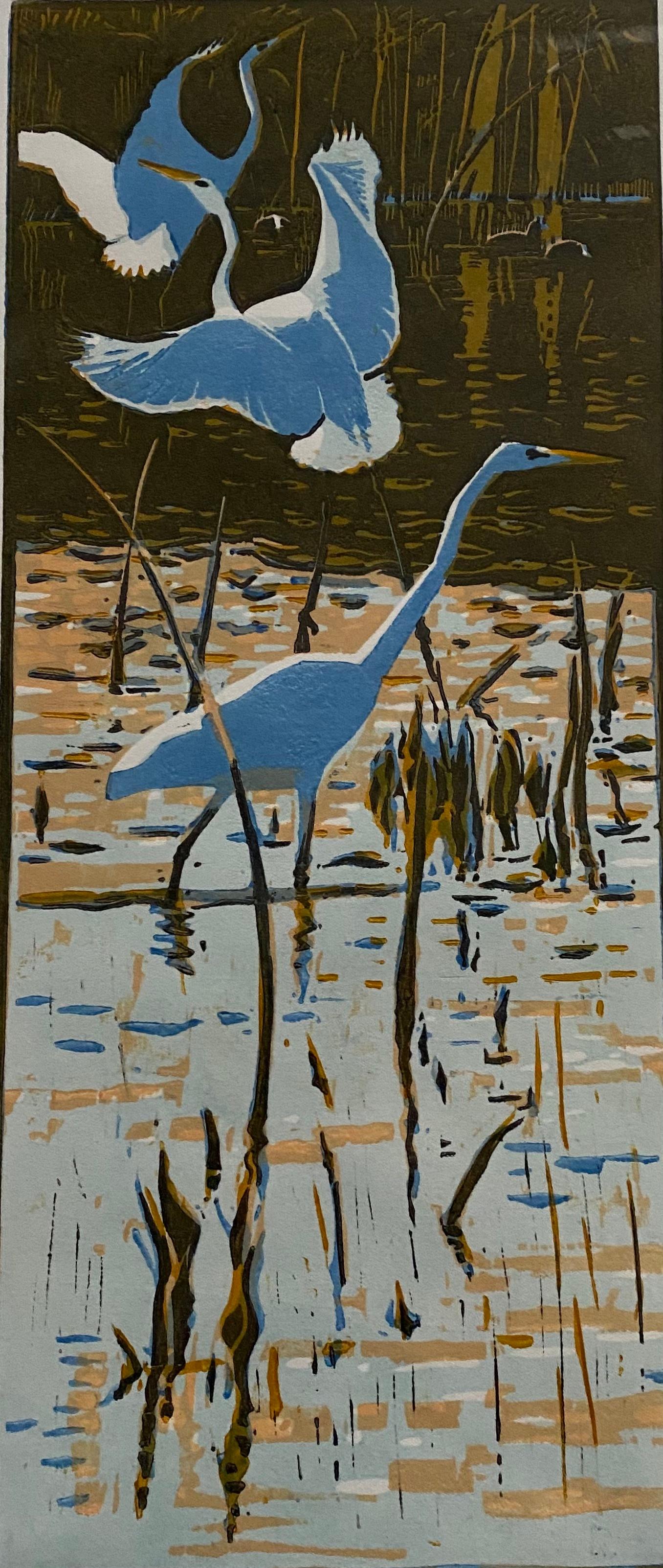 Robert Greenhalf, Große weiße Egrets, Druck in limitierter Auflage, erschwingliche Kunst