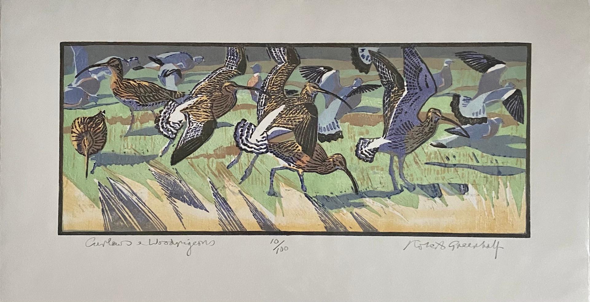 Robert Greenhalf, Curlews and Woodpigeons, estampe en édition limitée, Art des oiseaux en vente 1