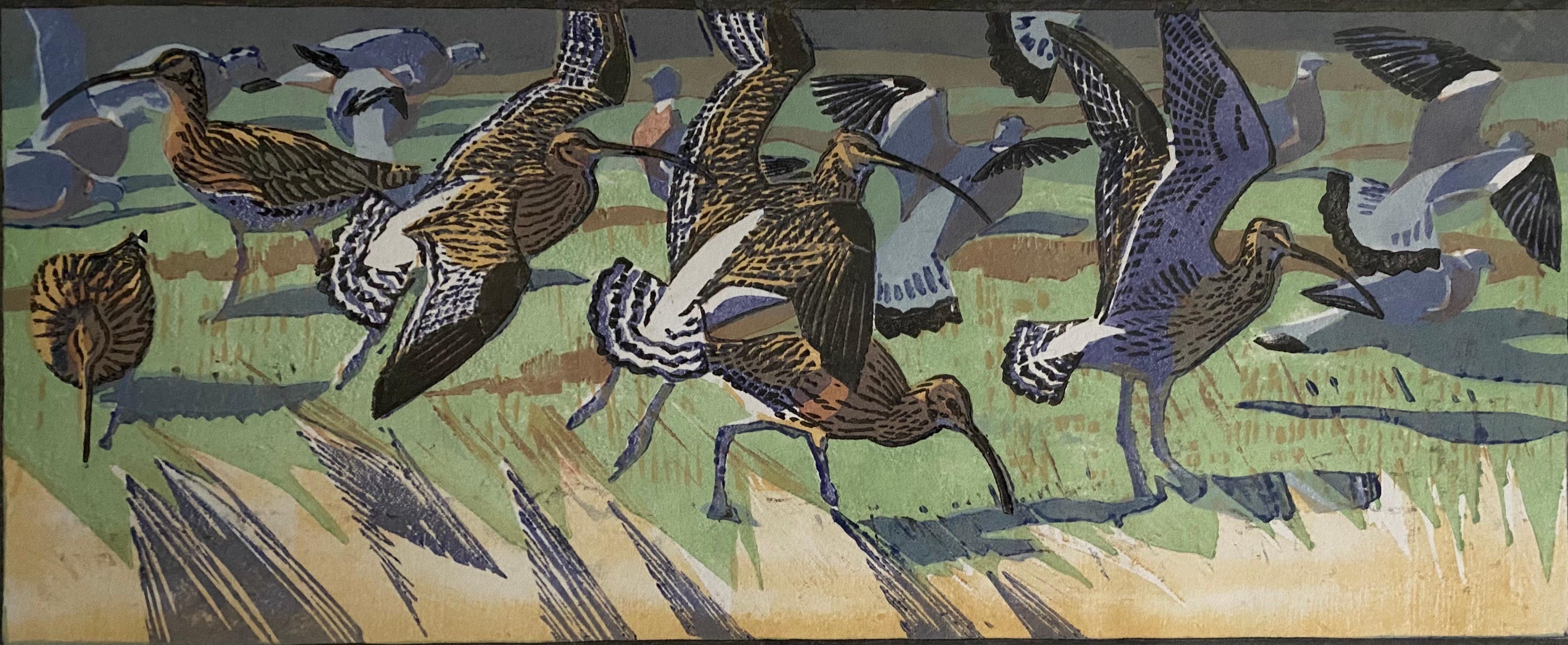 Robert Greenhalf, Curlews and Woodpigeons, estampe en édition limitée, Art des oiseaux