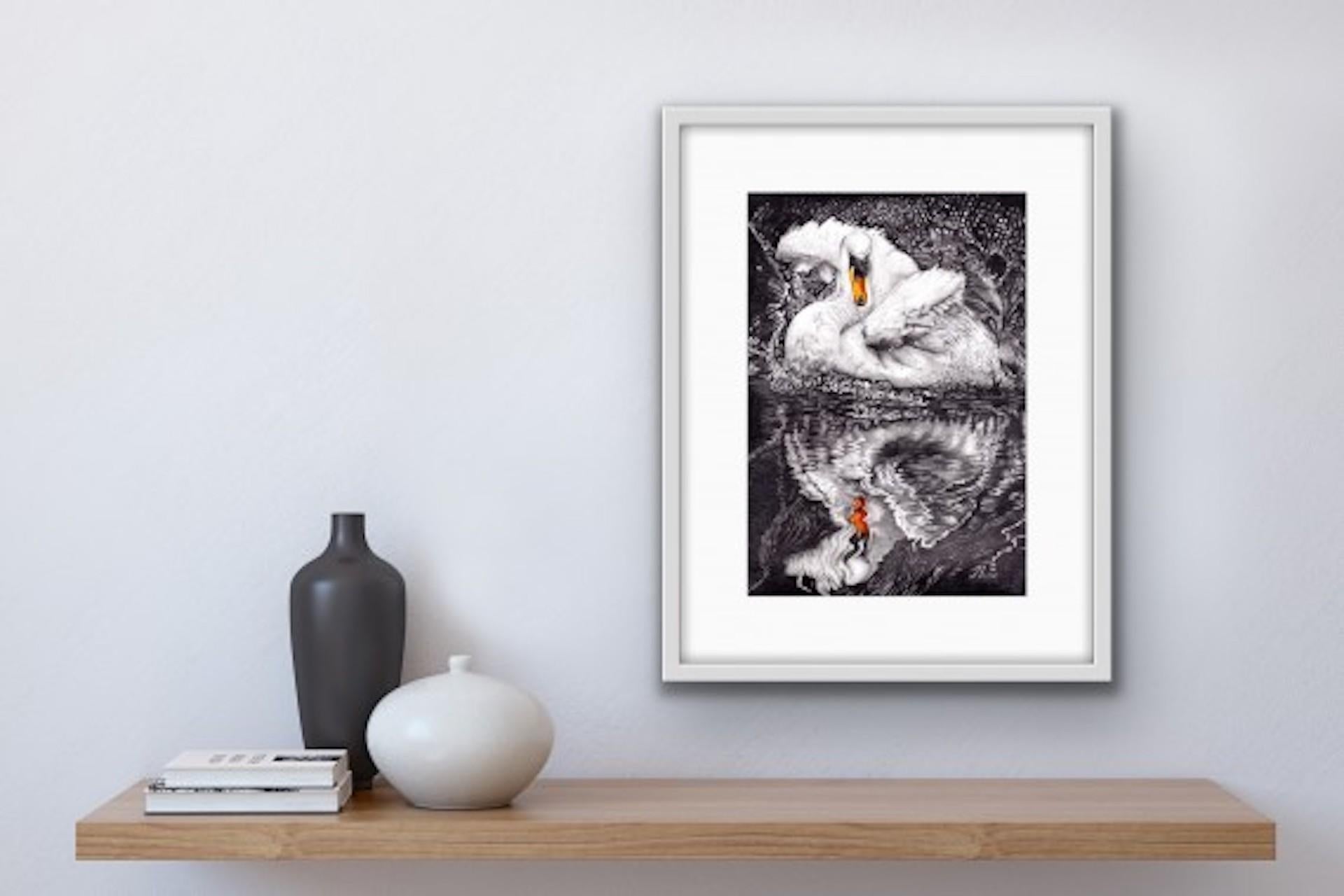 David Truman, Beauty & Reflection, Original Artwork, Swan Art, Bird Drawings For Sale 3