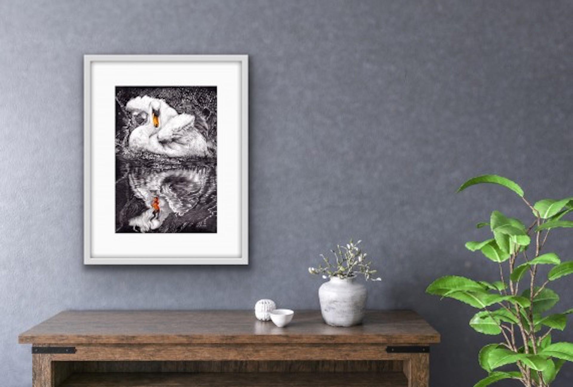 David Truman, Beauty & Reflection, Original Artwork, Swan Art, Bird Drawings For Sale 2