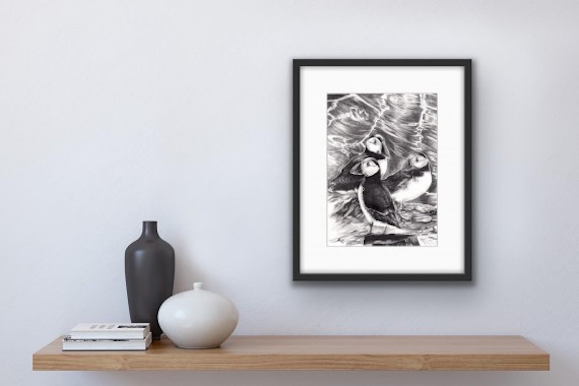 David Truman, Puffins, dessin d'animaux d'origine, Bempton Cliffs Art en vente 3