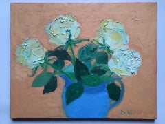 Deborah Windsor, Roses In A Blue Lustre Jug, Floral Still Life Painting