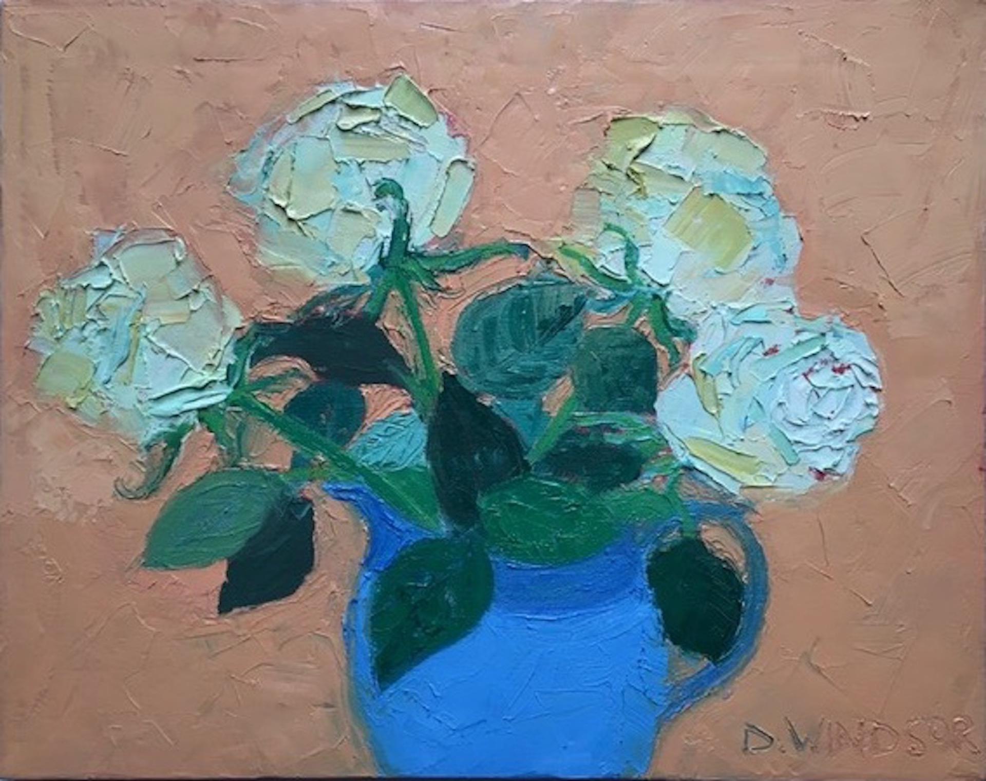 Deborah Windsor, Roses In A Blue Lustre Jug, Floral Still Life Painting