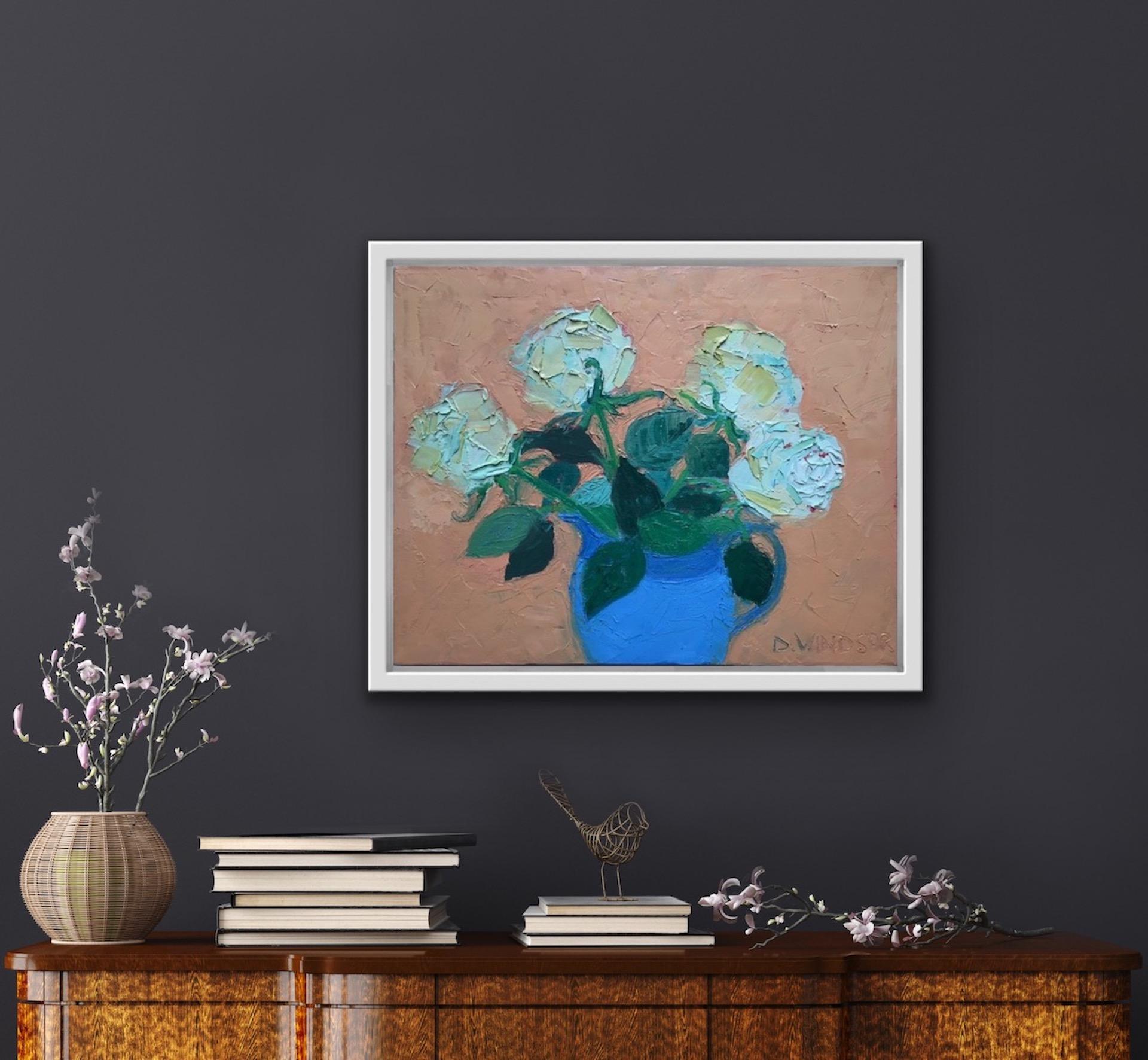 Deborah Windsor, Roses In A Blue Lustre Jug, Floral Still Life Painting For Sale 5
