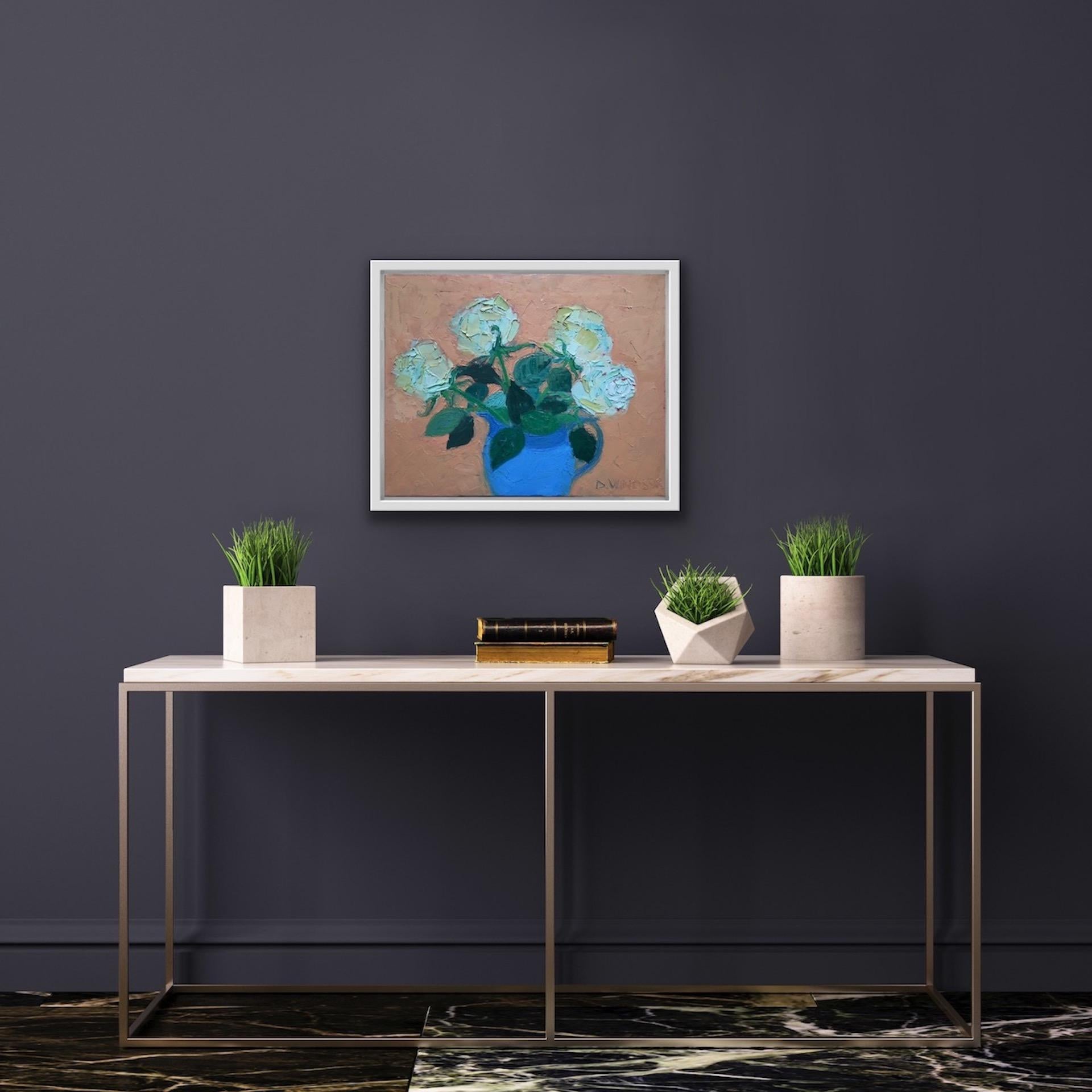 Deborah Windsor, Roses In A Blue Lustre Jug, Floral Still Life Painting For Sale 4