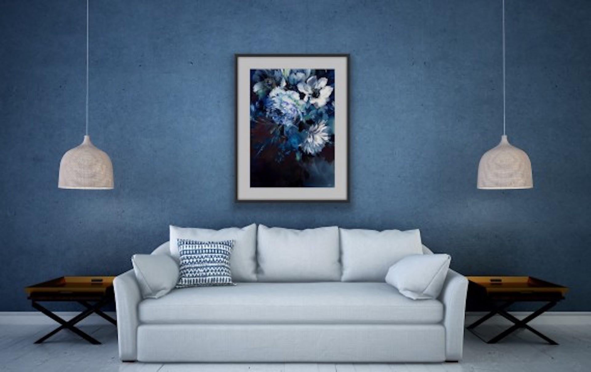 Jo Haran, Navy Blue Dream, Floral Art, Mixed Media Painting, Contemporary Art 2