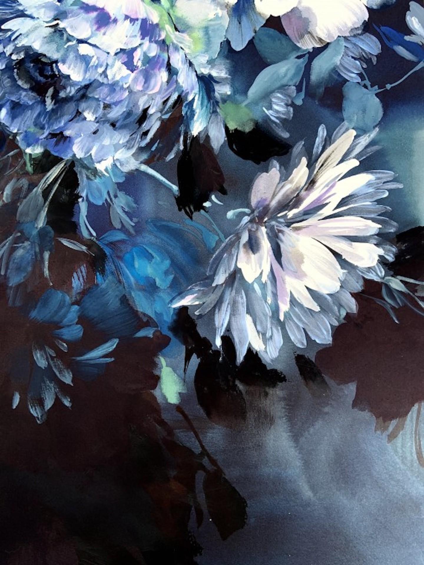 Jo Haran, Navy Blue Dream, Floral Art, Mixed Media Painting, Contemporary Art 1