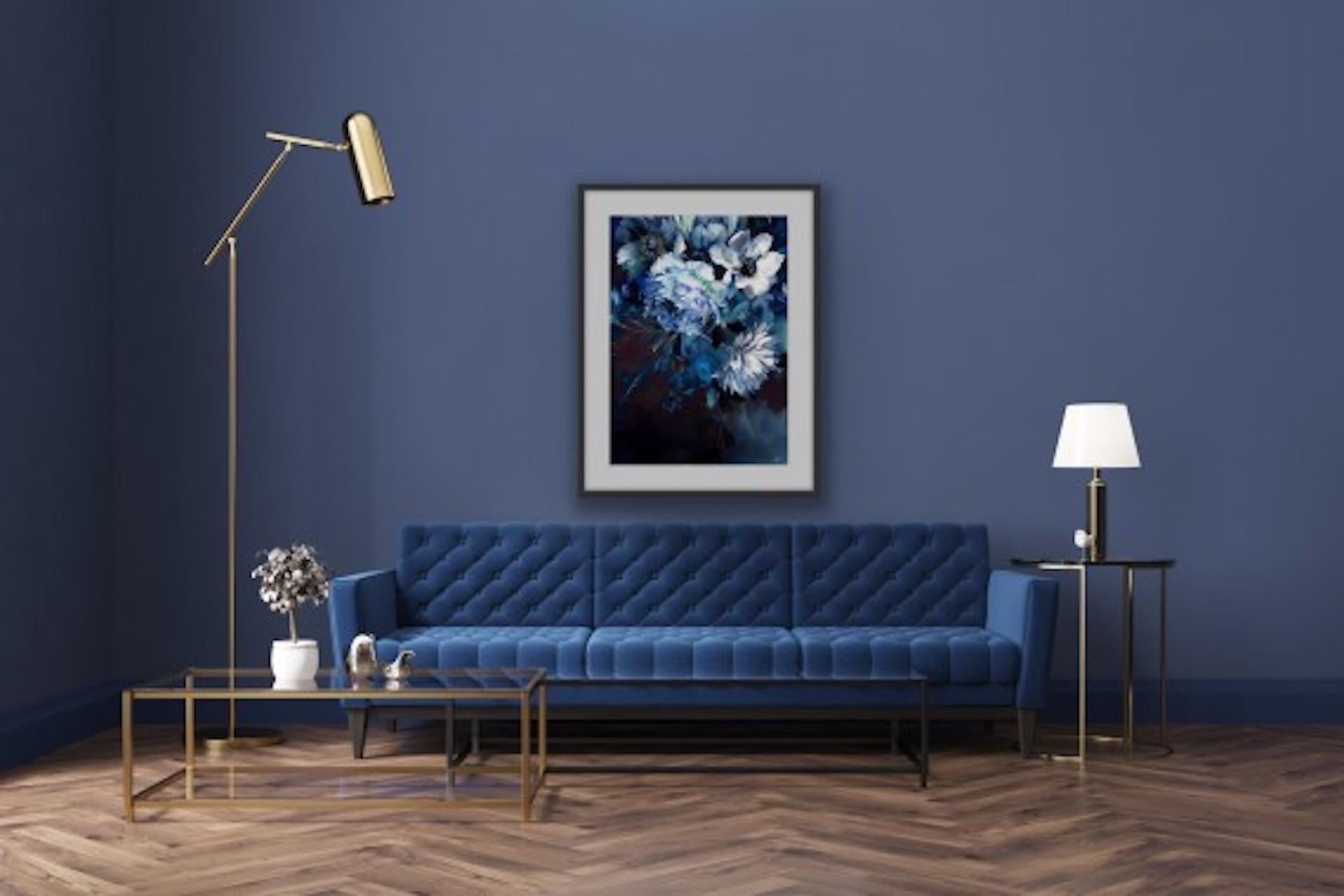 Jo Haran, Navy Blue Dream, Floral Art, Mixed Media Painting, Contemporary Art 3