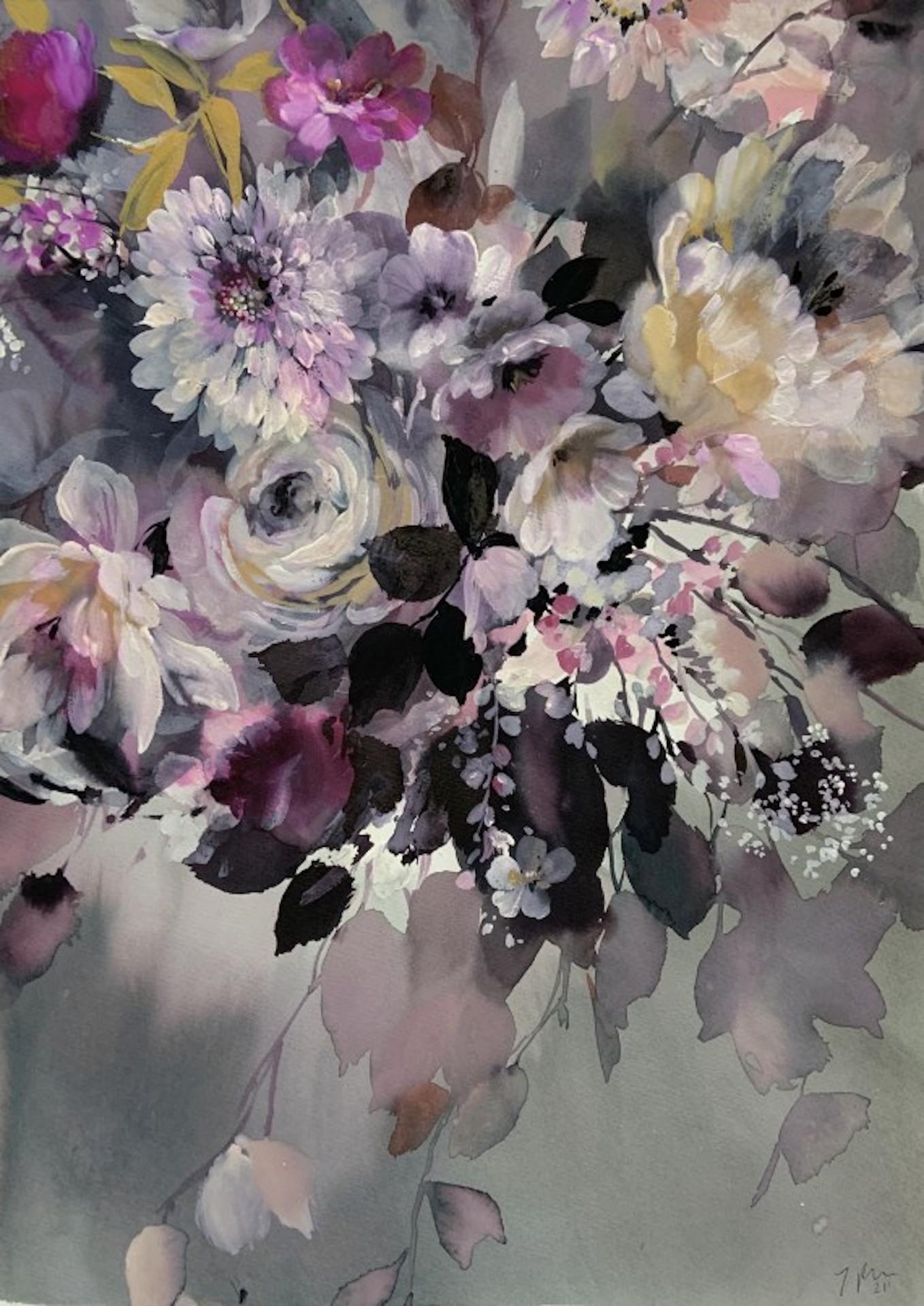 Muted Cascade, opera d'arte floreale contemporanea, opera originale su carta