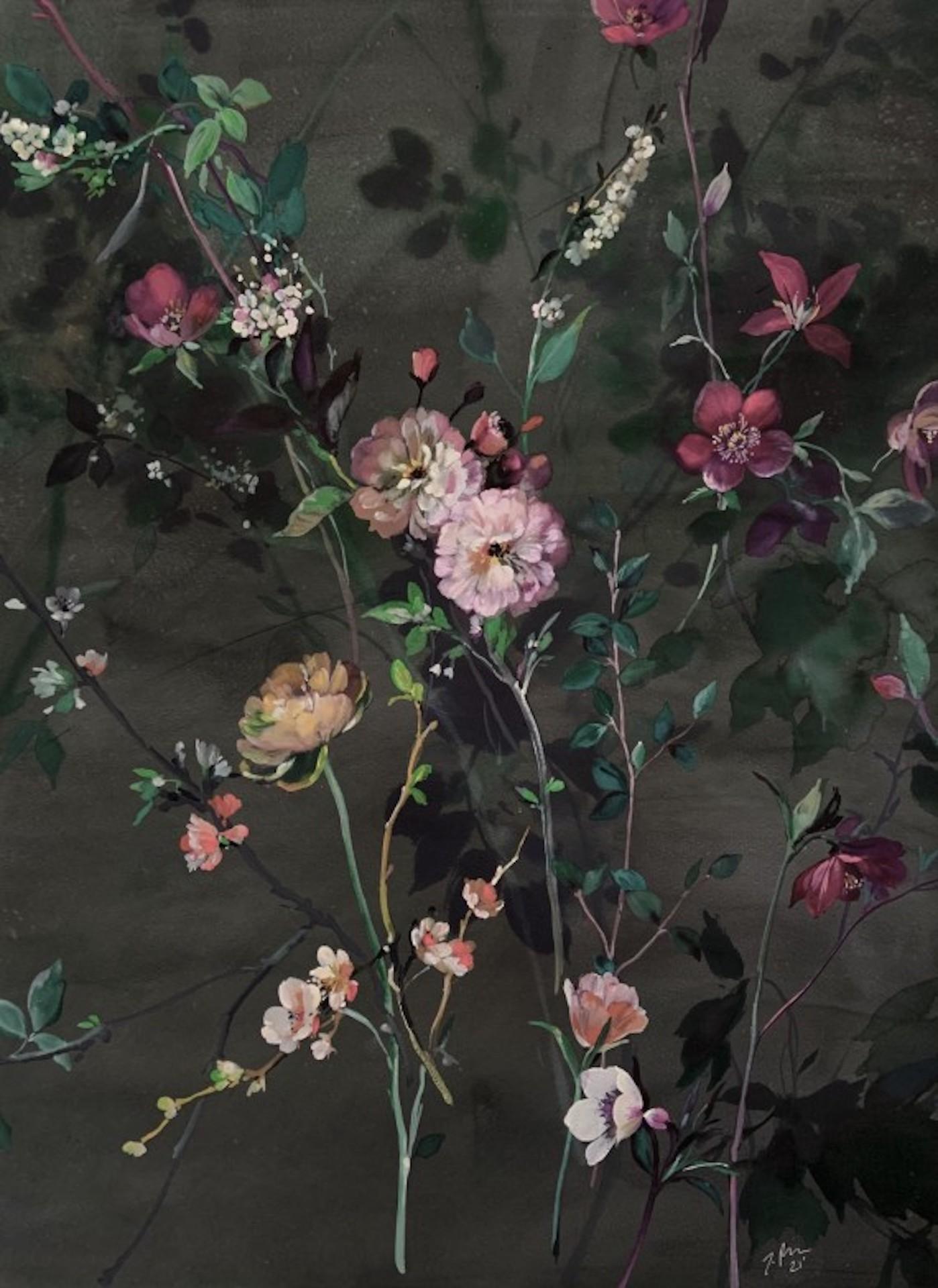 Woodland Stems On Dark, Jo Haran, Art floral contemporain, œuvre d'art originale