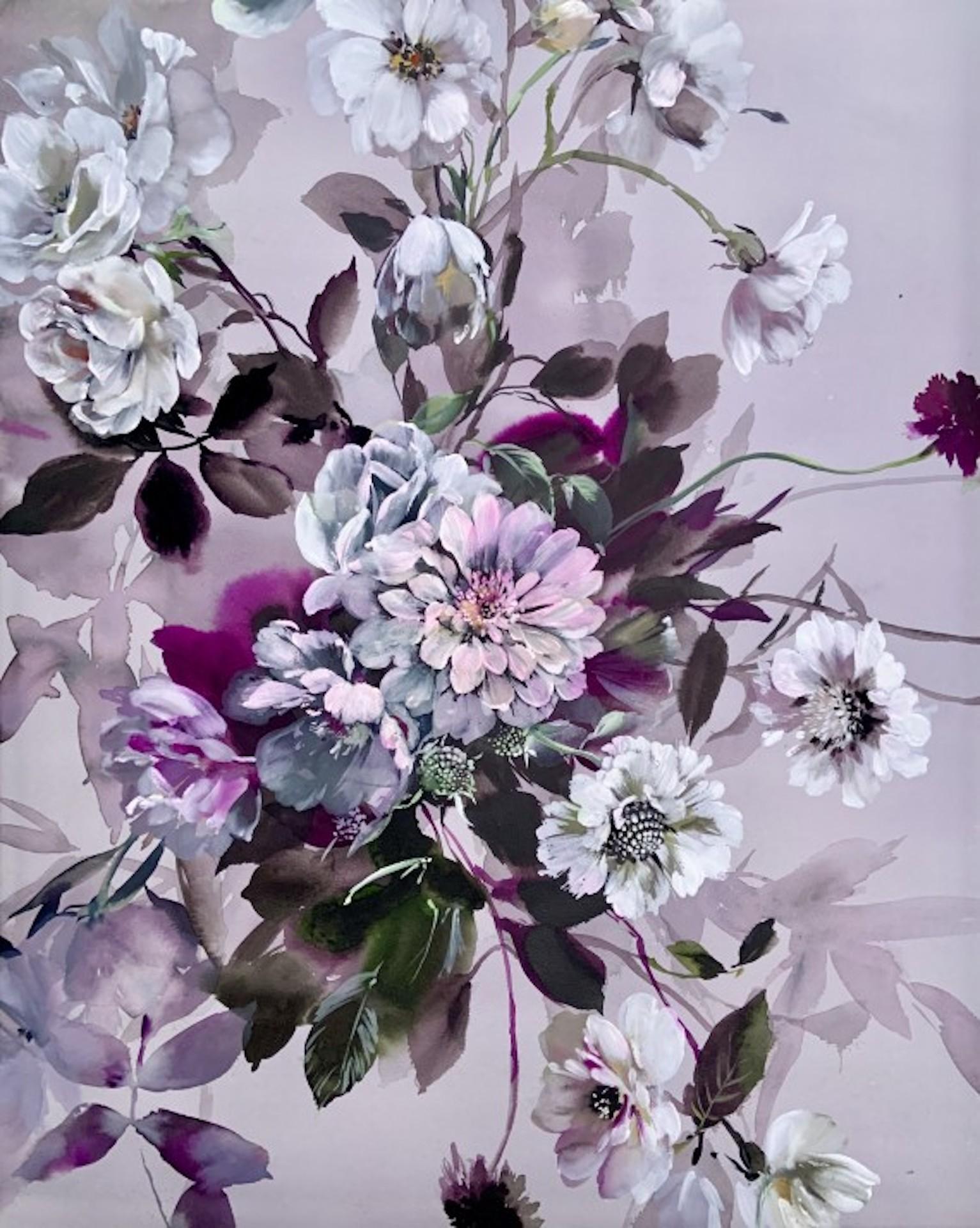Bianco e grigio, Jo Haran, Opera d'arte floreale contemporanea, Opera originale su carta