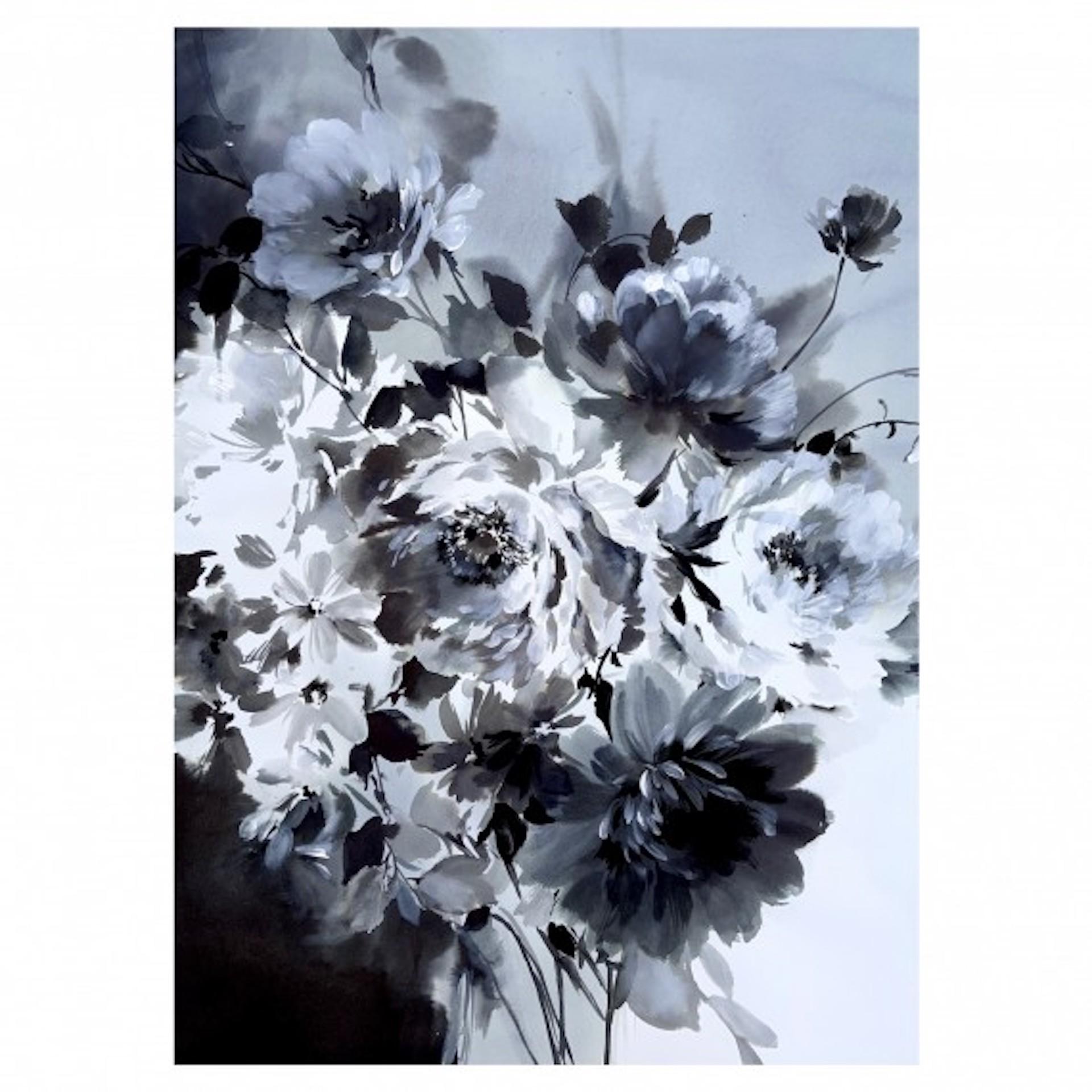 Petals In Monotone, Jo Haran, Peinture florale originale, œuvre d'art abordable