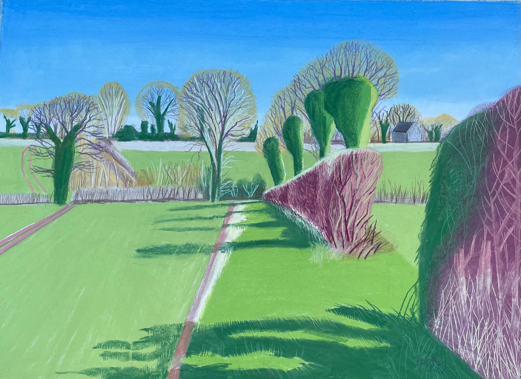 Cornelia Fitzroy  Landscape Art – Deddington Hedges von Cornelia Fitzroy, pastellfarbene Zeichnung, Landschaft, Natur