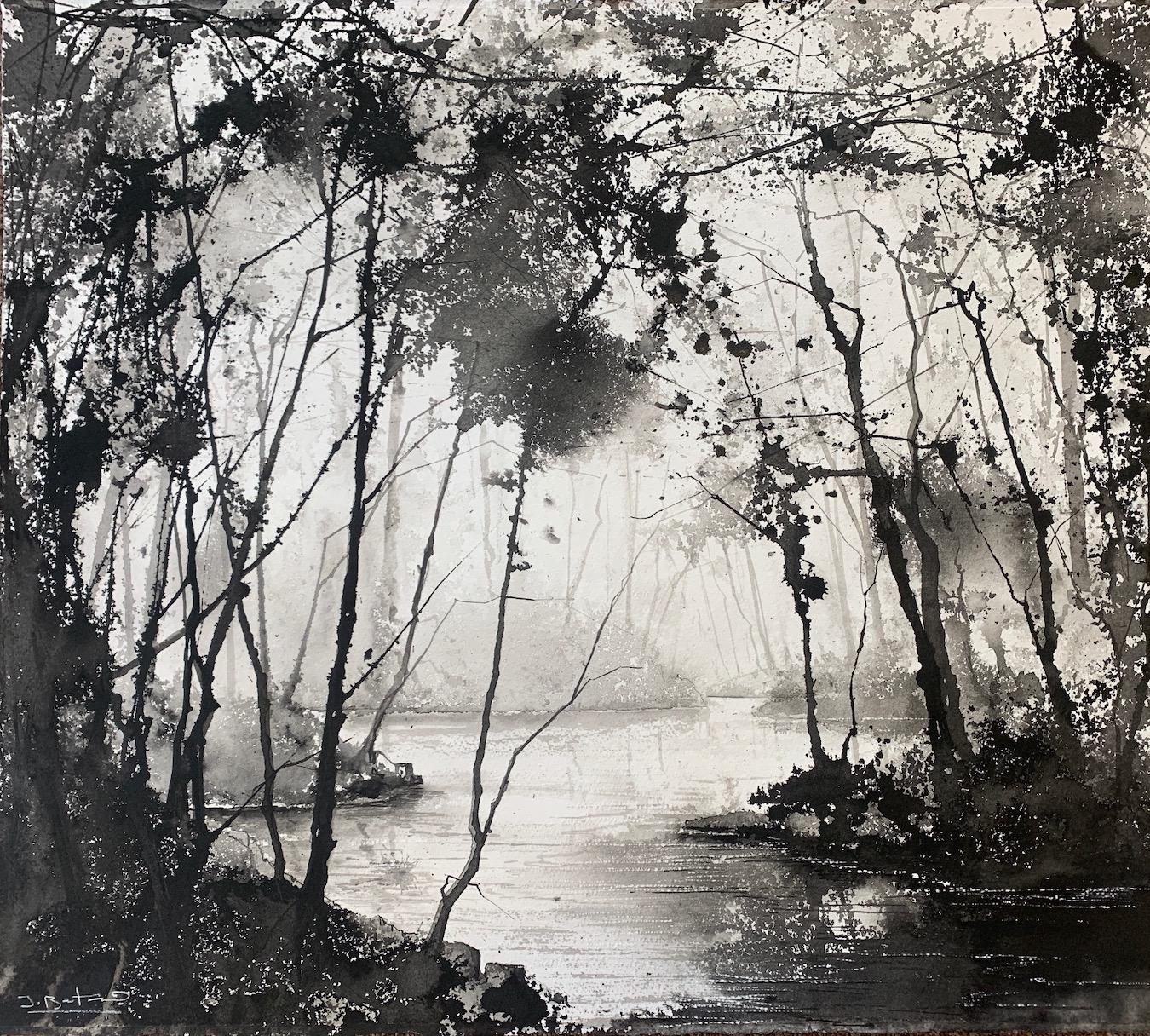 Peinture originale River Dart de James Bonstow, art de l'arbre, art monochrome