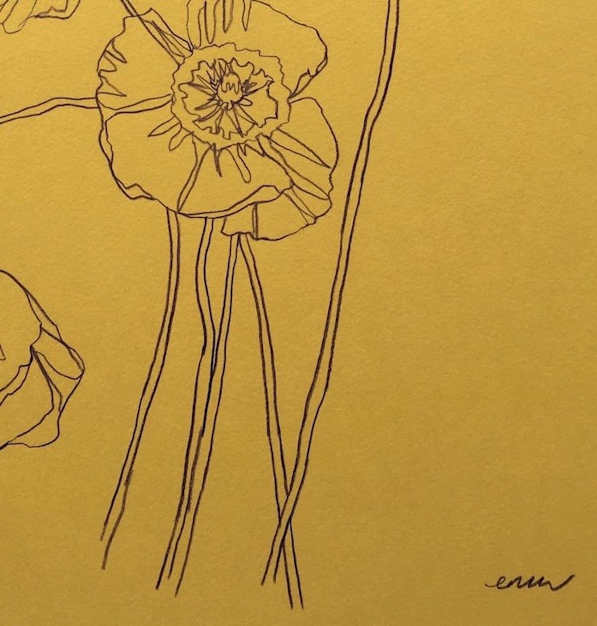 Wild Poppies, Ellen Williams, Originalzeichnung, minimalistische Zeichnung, zum Verkauf (Gelb), Landscape Art, von Ellen Williams 